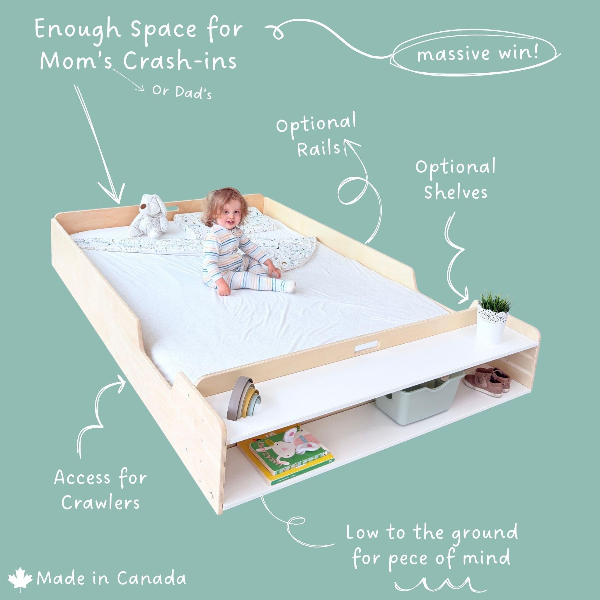 APPLE FULL - Montessori Floor Bed with Shelves.