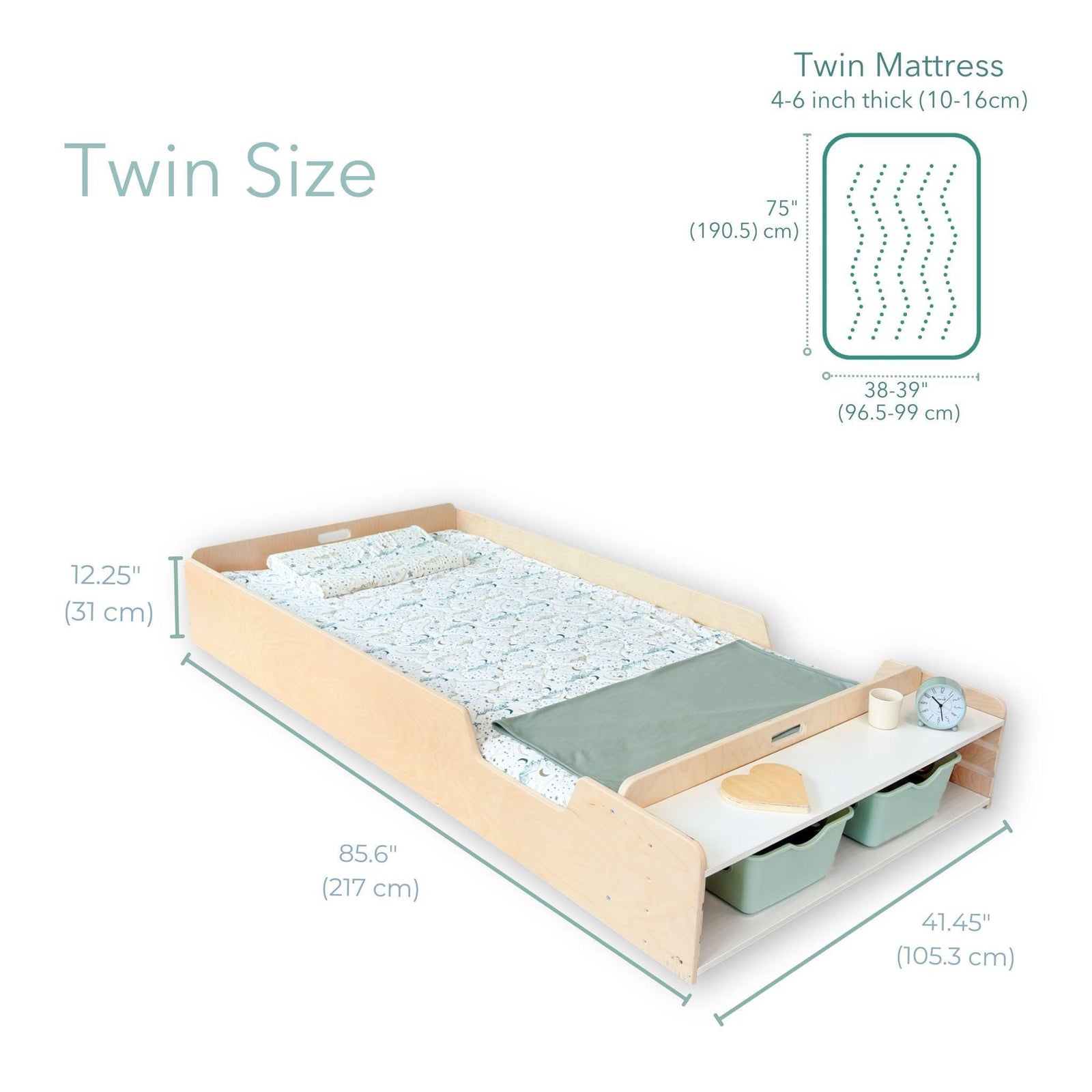 APPLE TWIN - Montessori Floor Bed with Rails & Shelves.
