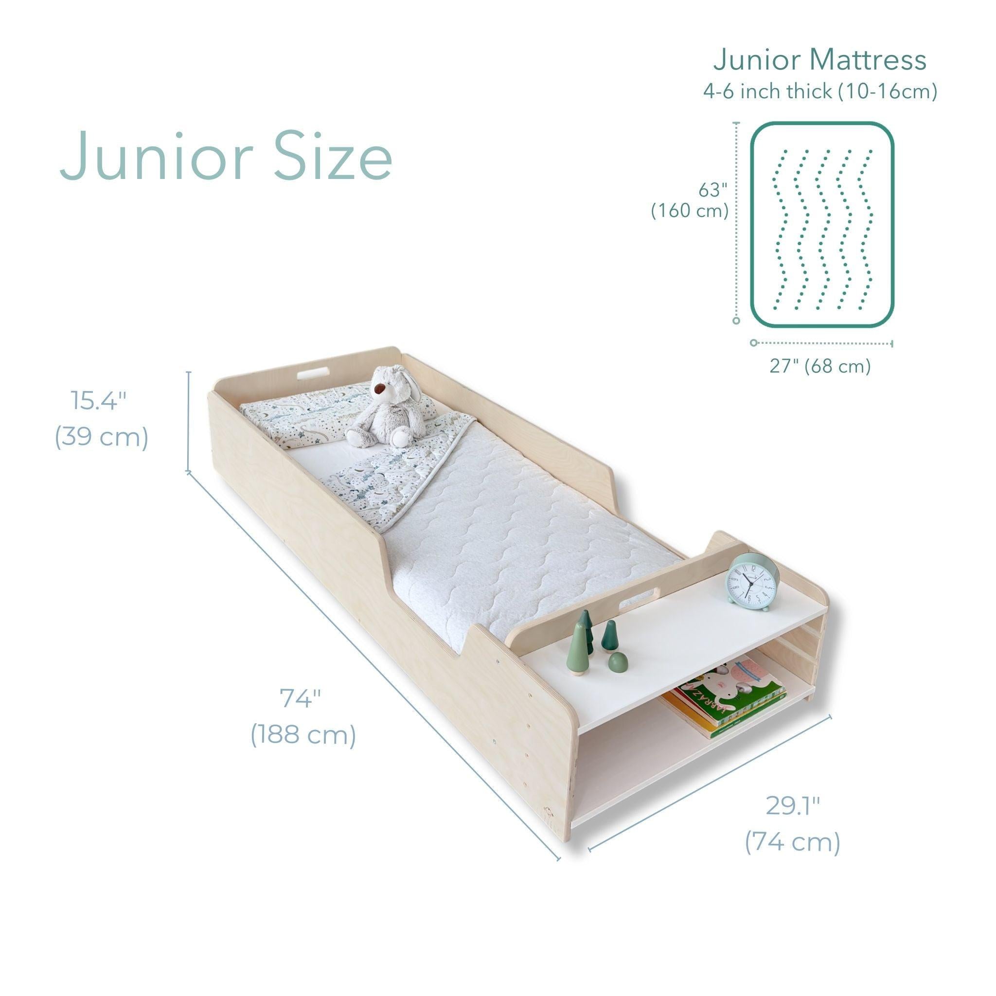 APPLE JUNIOR - Montessori Floor Bed with Rails & Shelves.