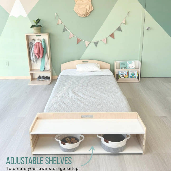 CHERRY TWIN - Montessori Floor Bed with Shelves.