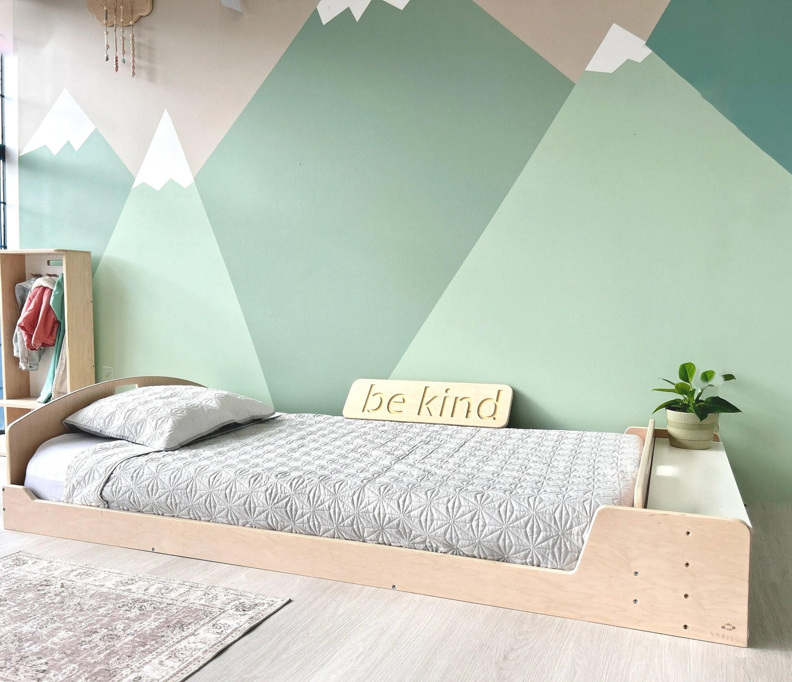 CHERRY TWIN - Montessori Floor Bed with Shelves.
