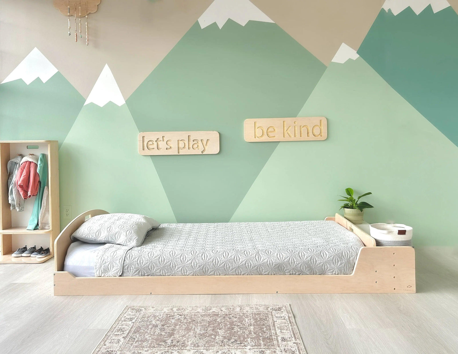 CHERRY TWIN - Montessori Floor Bed with Shelves.