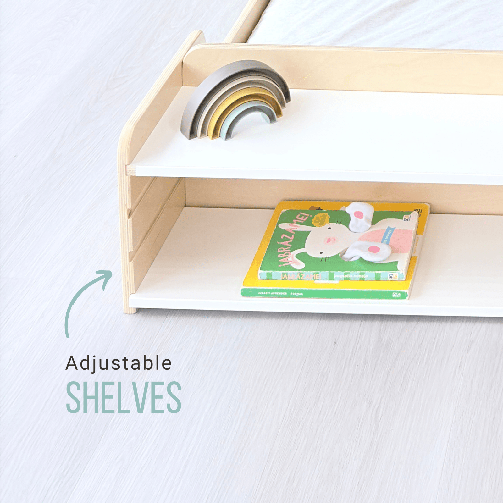 CHERRY FULL - Montessori Floor Bed with Shelves.