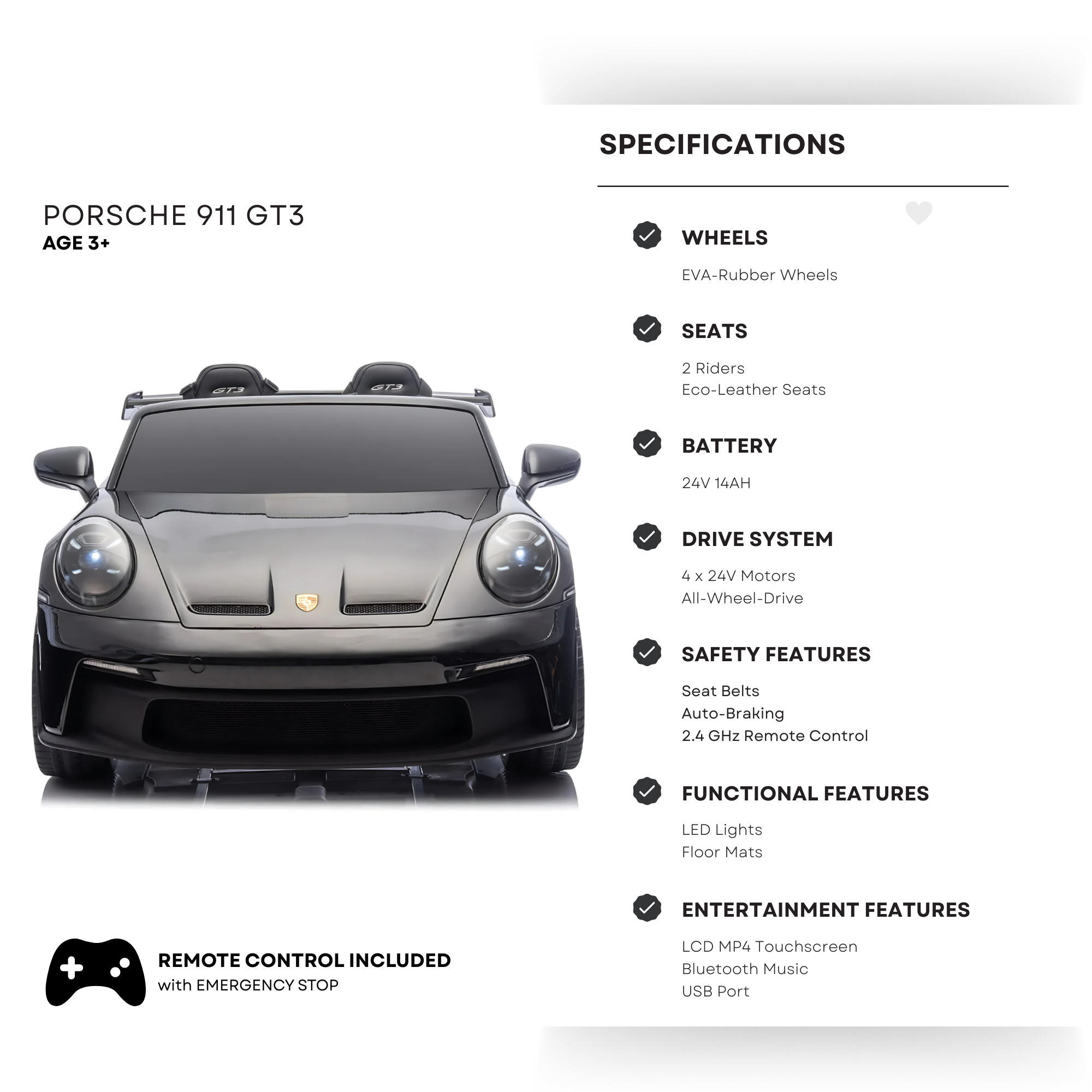 Glossy Black, Licensed LX MP4 Edition 24V/4WD Porsche 911 GT3 Kids Ride on Car W/ EVA Rubber Wheels & RC