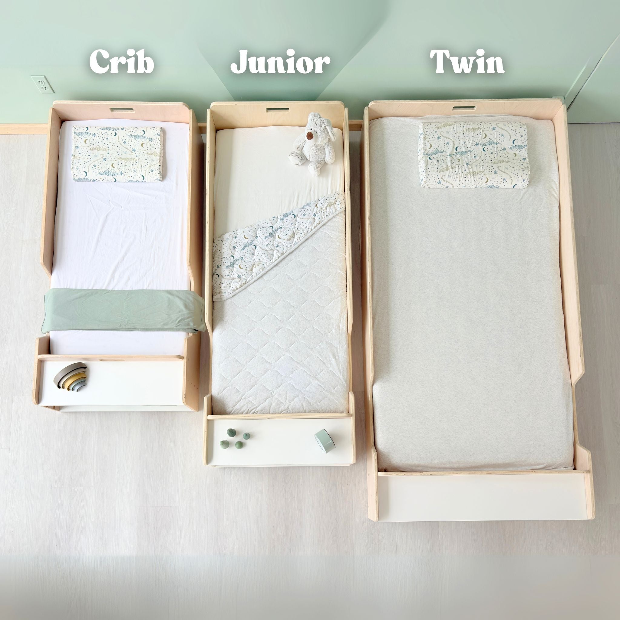 APPLE JUNIOR - Montessori Floor Bed with Rails & Shelves