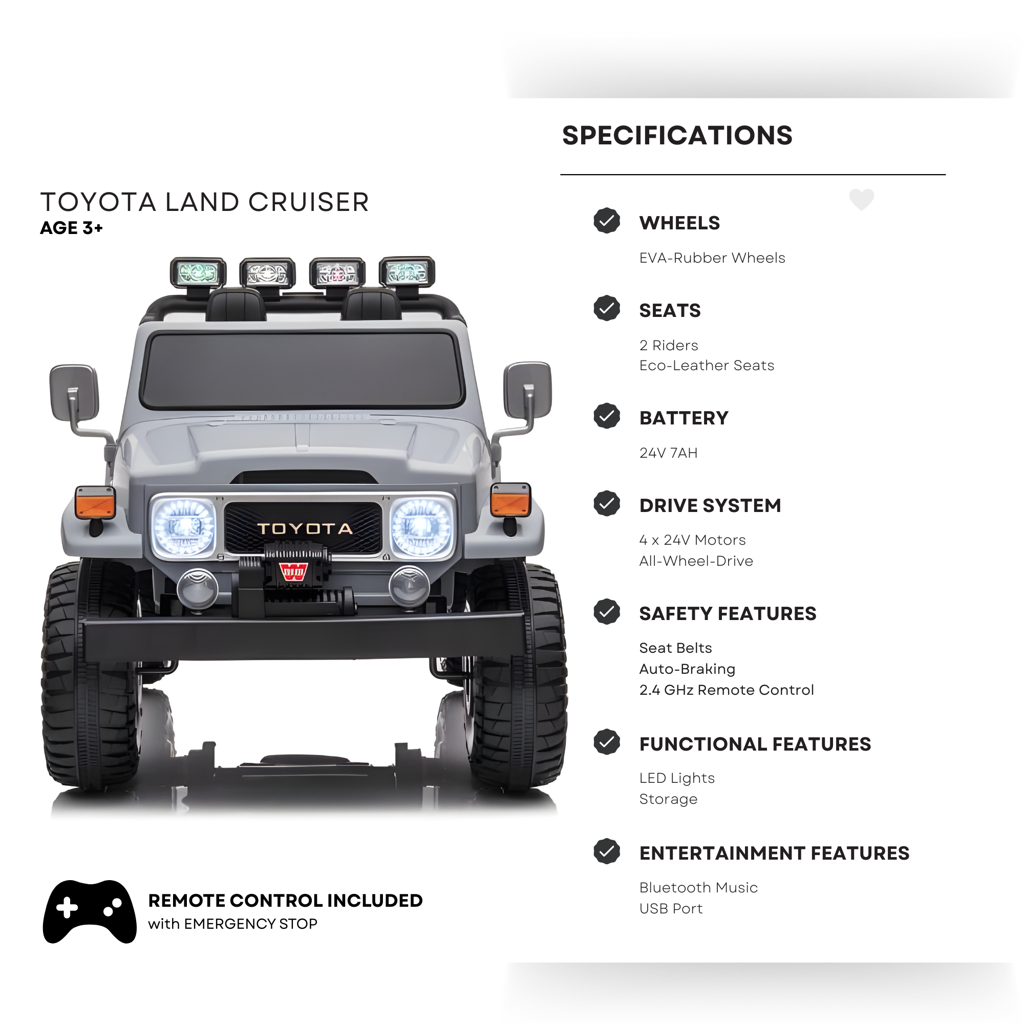 24V Grey 2-Seater Premium Edition Toyota 4x4 Truck for Kids W/ EVA Rubber Wheels, Music & RC