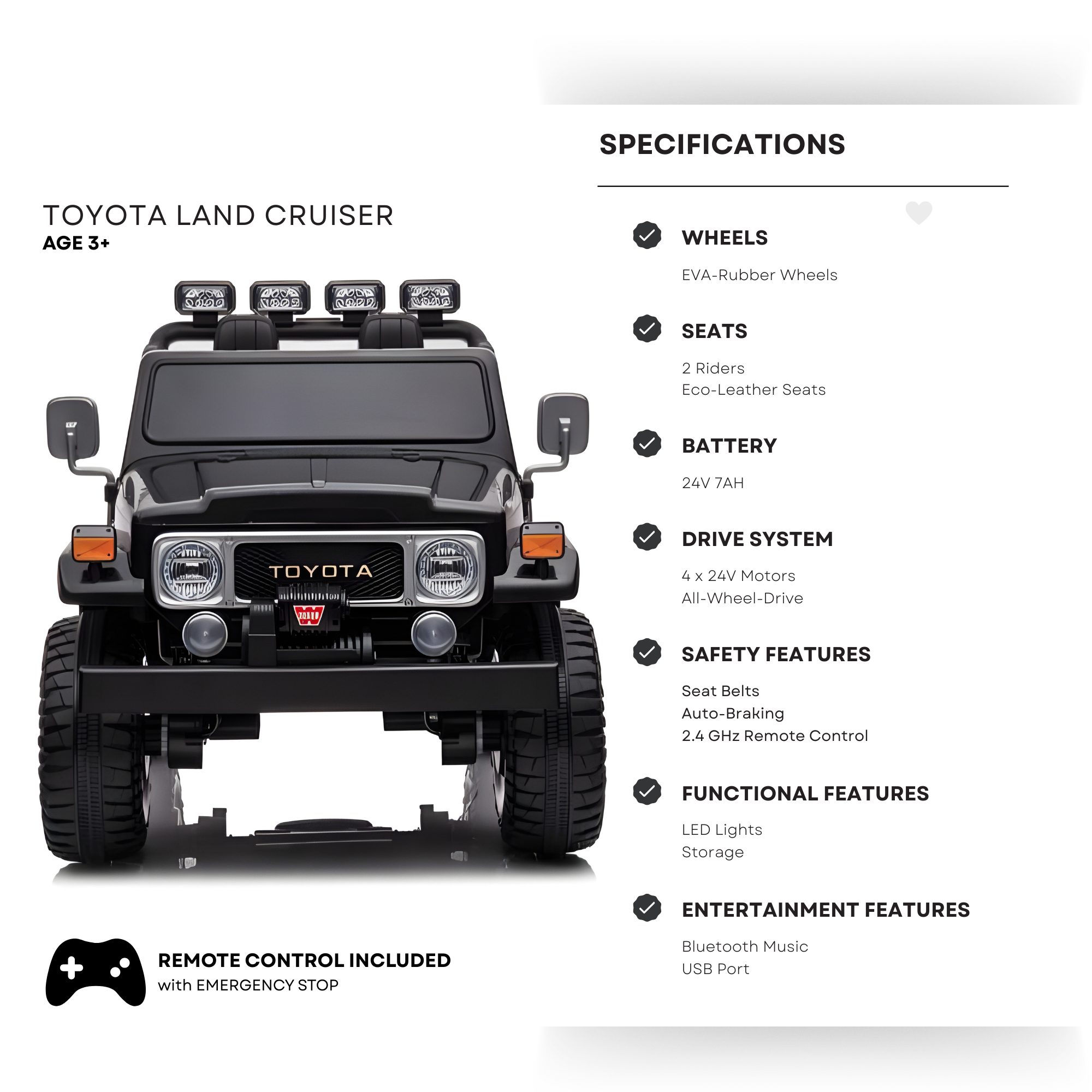 24V Black 2-Seater Premium Edition Toyota 4x4 Truck for Kids W/ EVA Rubber Wheels, Music & RC