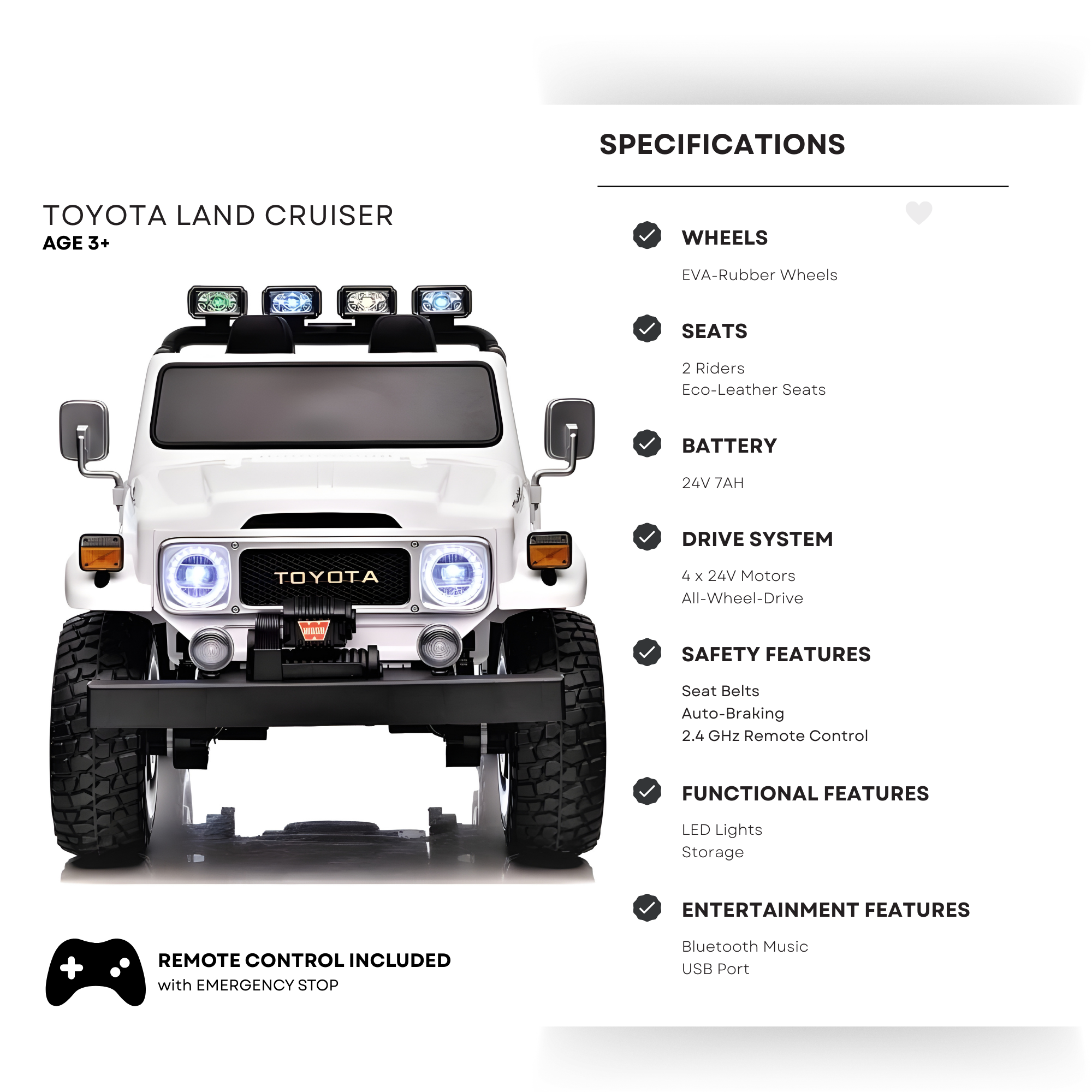 24V White 2-Seater Premium Edition Toyota 4x4 Truck for Kids W/ EVA Rubber Wheels, Music & RC