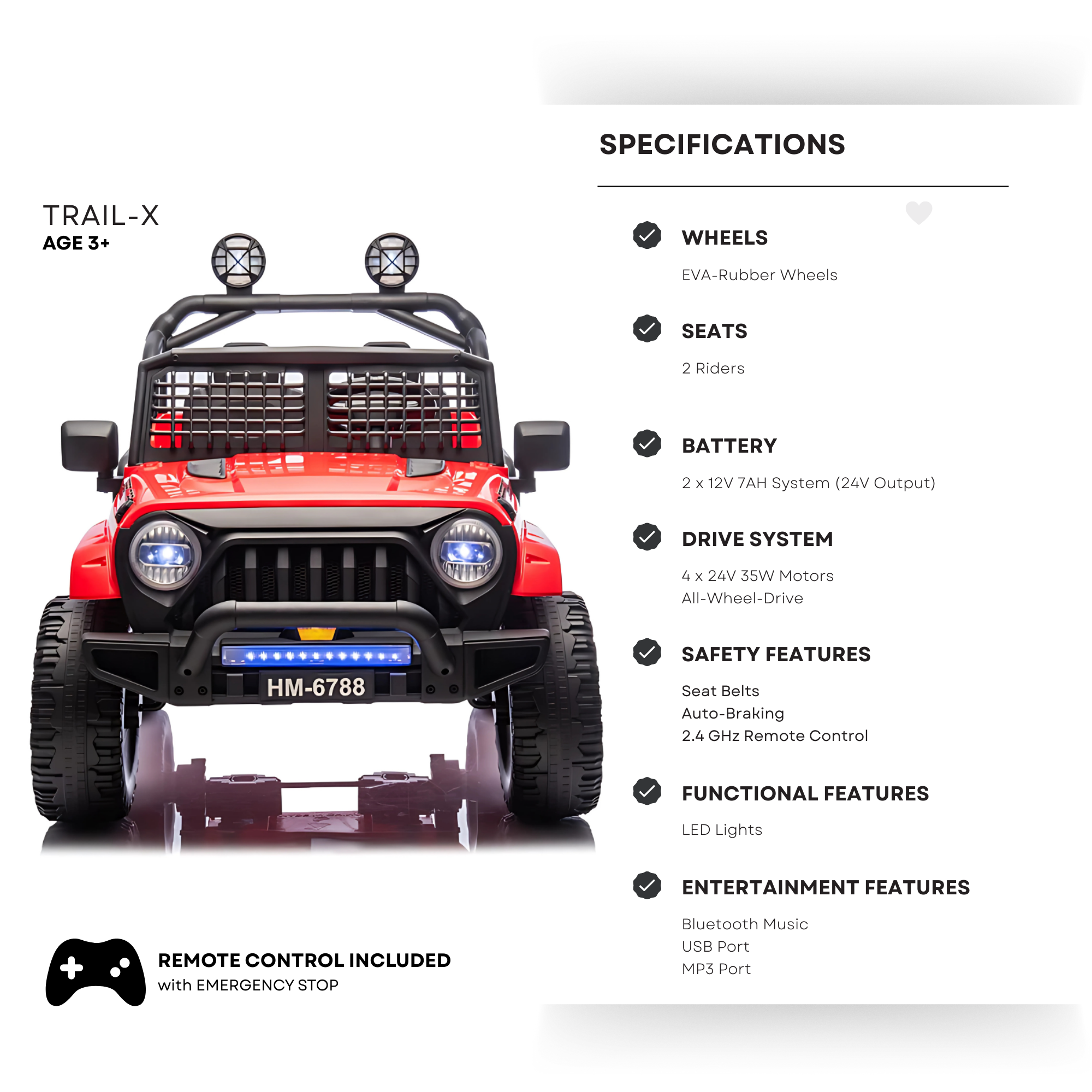 Red 24V TrailX 2-Seater 24V 4X4/AWD Kids Ride on UTV Buggy W/ EVA Rubber Wheels, Music & RC