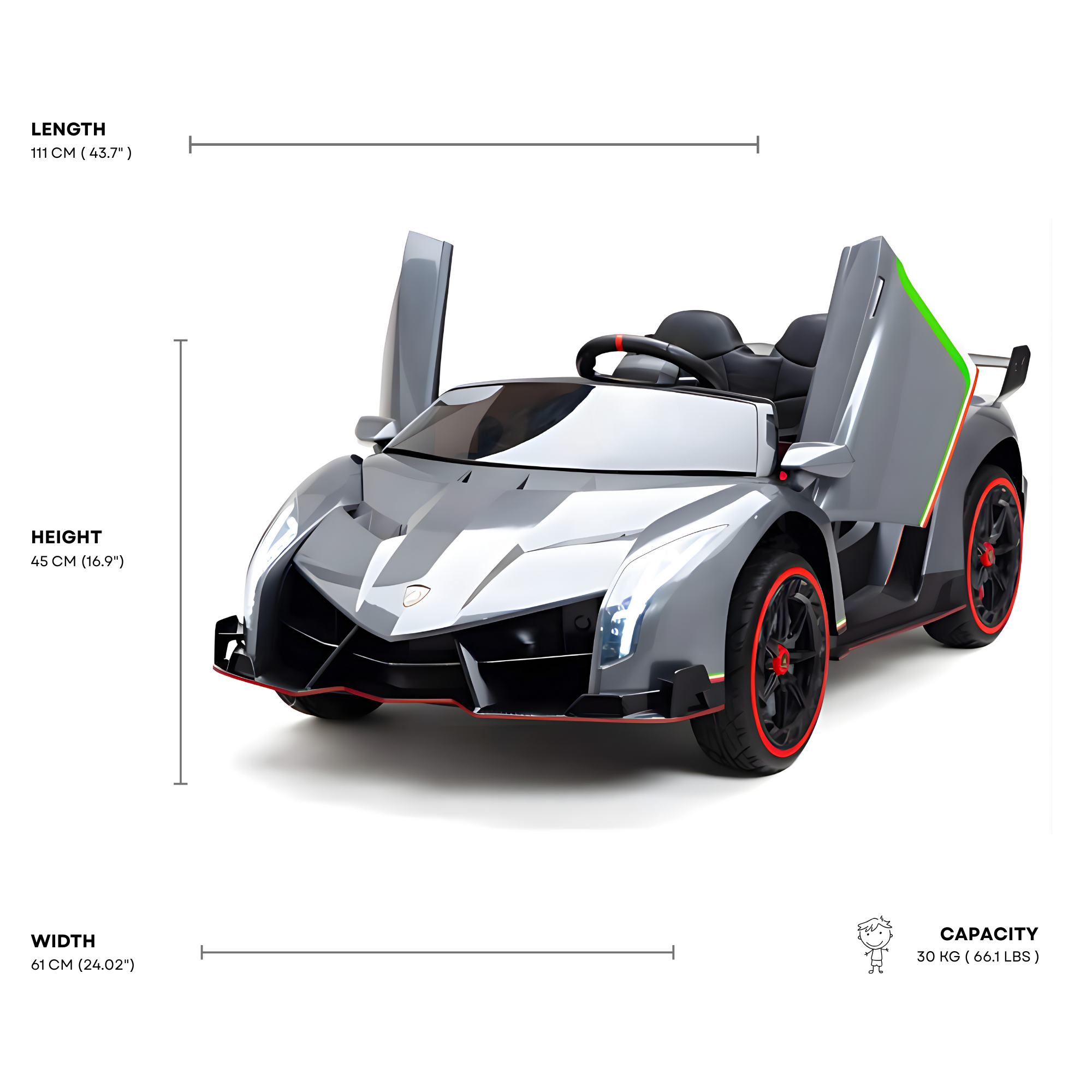 12V Silver Lamborghini Veneno 4X4 Limited Edition Ride-on Car W/ EVA Rubber Wheels, Bluetooth & RC