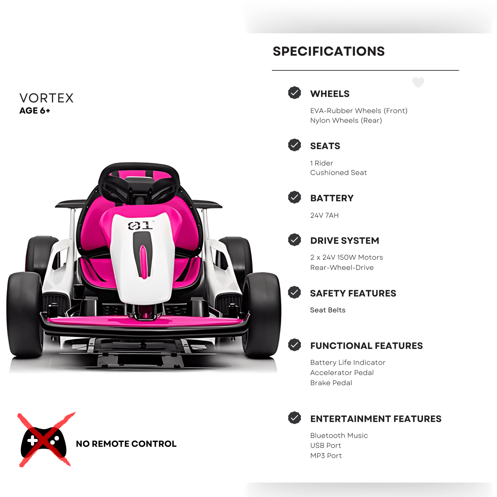 Pink 24V Upgraded Vortex Drifting Go Kart.