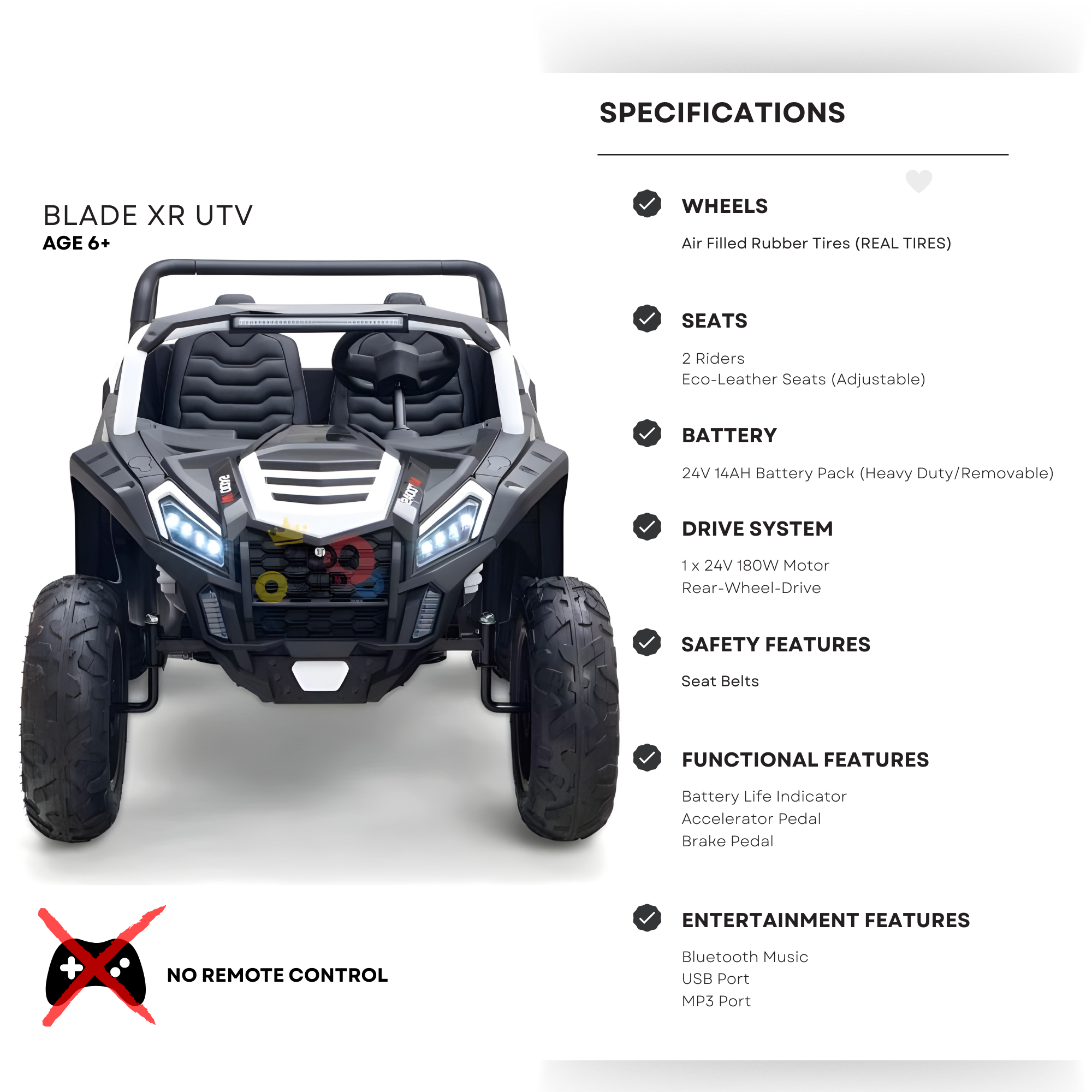 White Heavy Duty 24V 14Ah Blade XR Edition XXL 2-Seater Ride-On Buggy W/ 180W Brushless Motor, Inflatable Tires & BT (No RC)