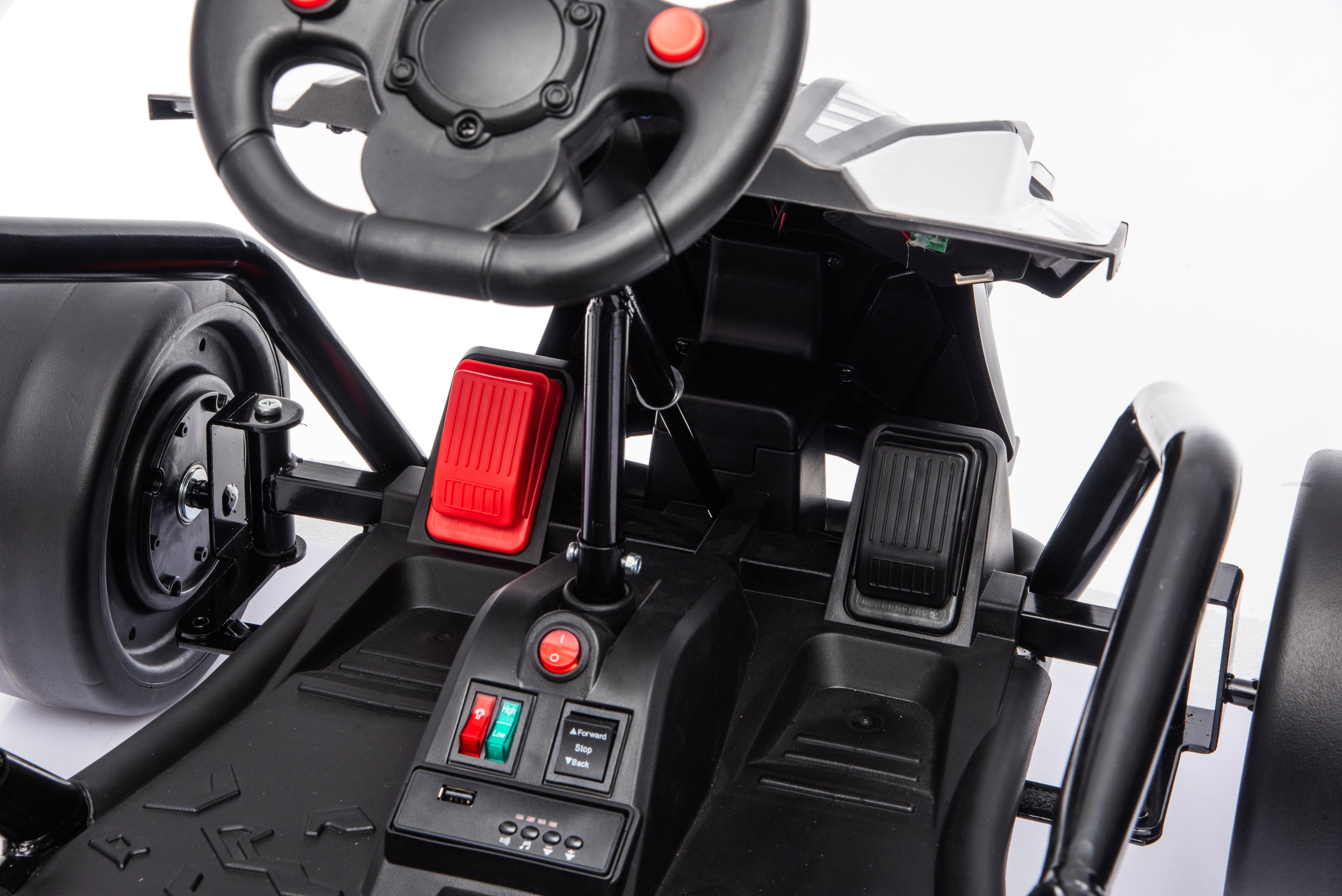Black Outlaw Edition kids go-kart seat with secure five-point seat belt