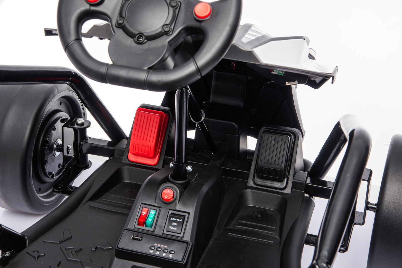 Black Outlaw Edition kids go-kart seat with secure five-point seat belt