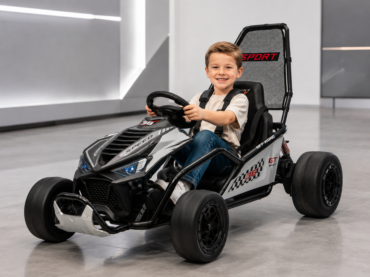 Black Outlaw Edition 24V Kids Electric Go-Kart with Quiet Dual Motors, Music Player, EVA Front Wheels