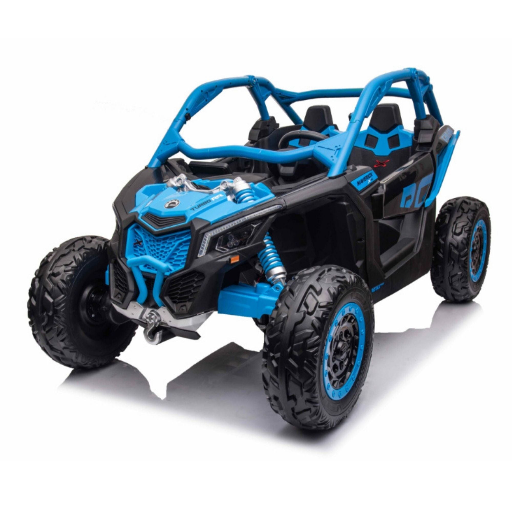 Blue Licensed LX Performance Edition 2X24V Can-Am Maverick 2-Seater 4WD UTV W/ EVA Wheels, Dual Battery Pack, Music, Leather Seats & RC