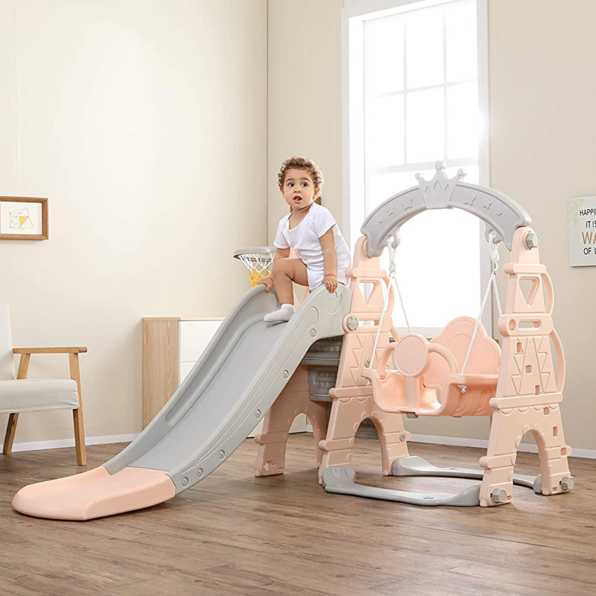 Pink Luxury 5-in-1 Castle Edition Playset for Kids W/ Slide, Closed Steps, Swing & Basketball Hoop