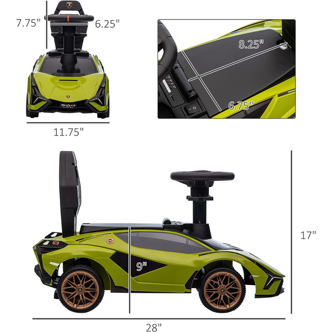 Green Complete Edition Lamborghini Sian 3-in-1 Push Car / Stroller W/ Detachable Handle, Safety Guards, Lights & Music