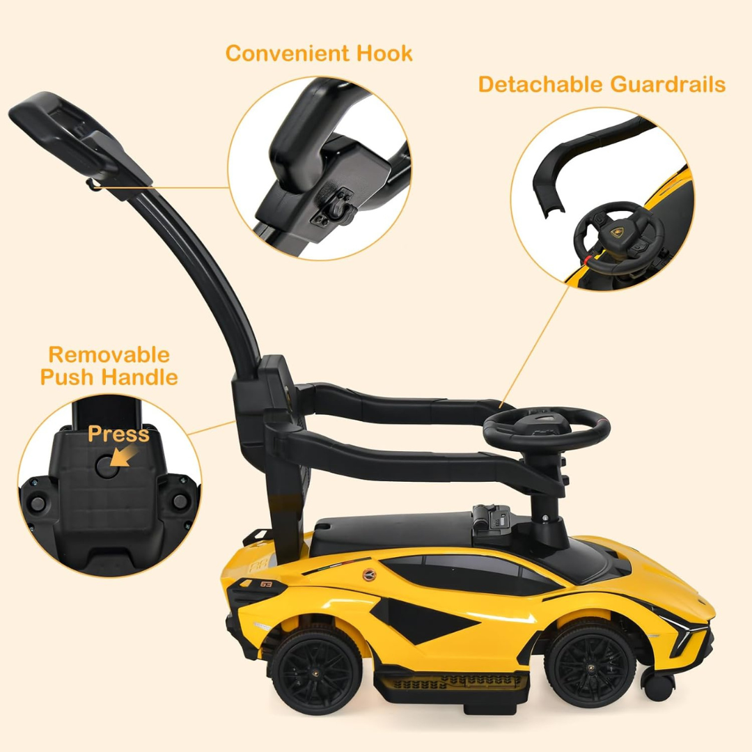 Yellow Complete Edition Lamborghini Sian 3-in-1 Push Car / Stroller W/ Detachable Handle, Safety Guards, Lights & Music