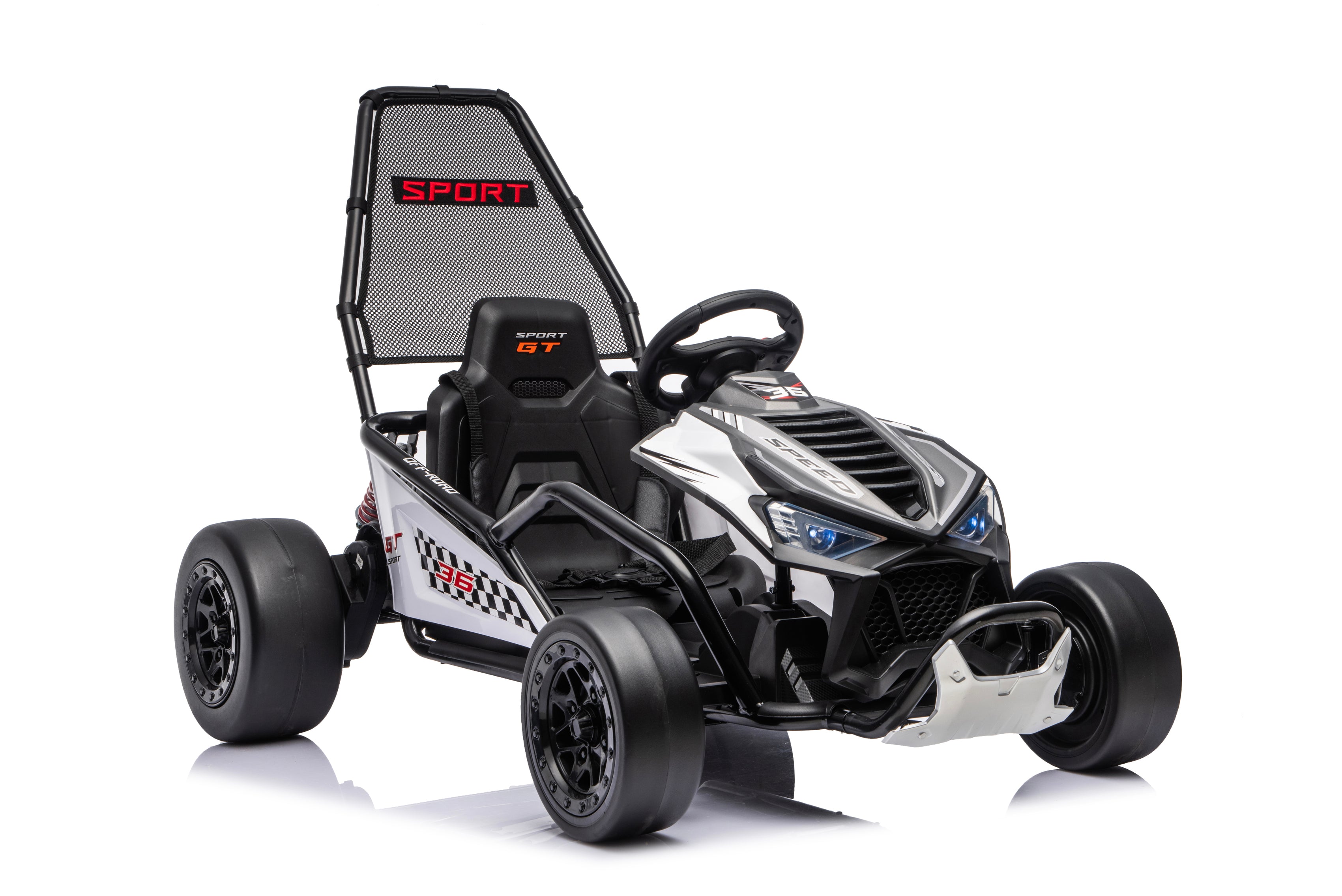 Black Outlaw Edition 24V electric go-kart feature image with dual quiet motors foot brake and USB music player
