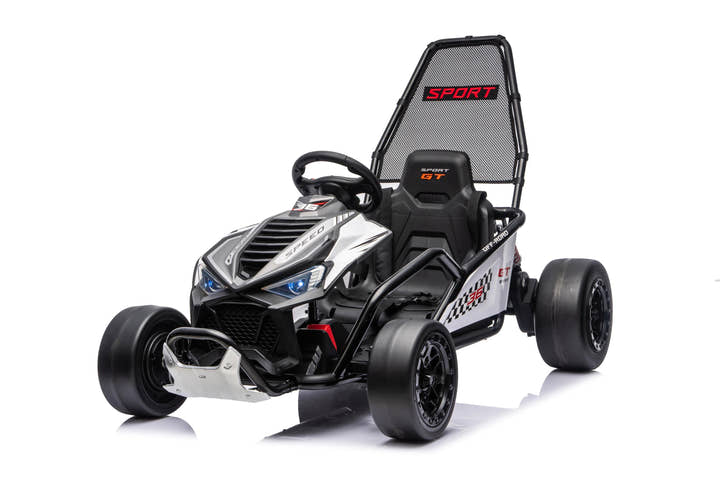 Black Outlaw Edition 24V kids electric go-kart front view with sporty racing design