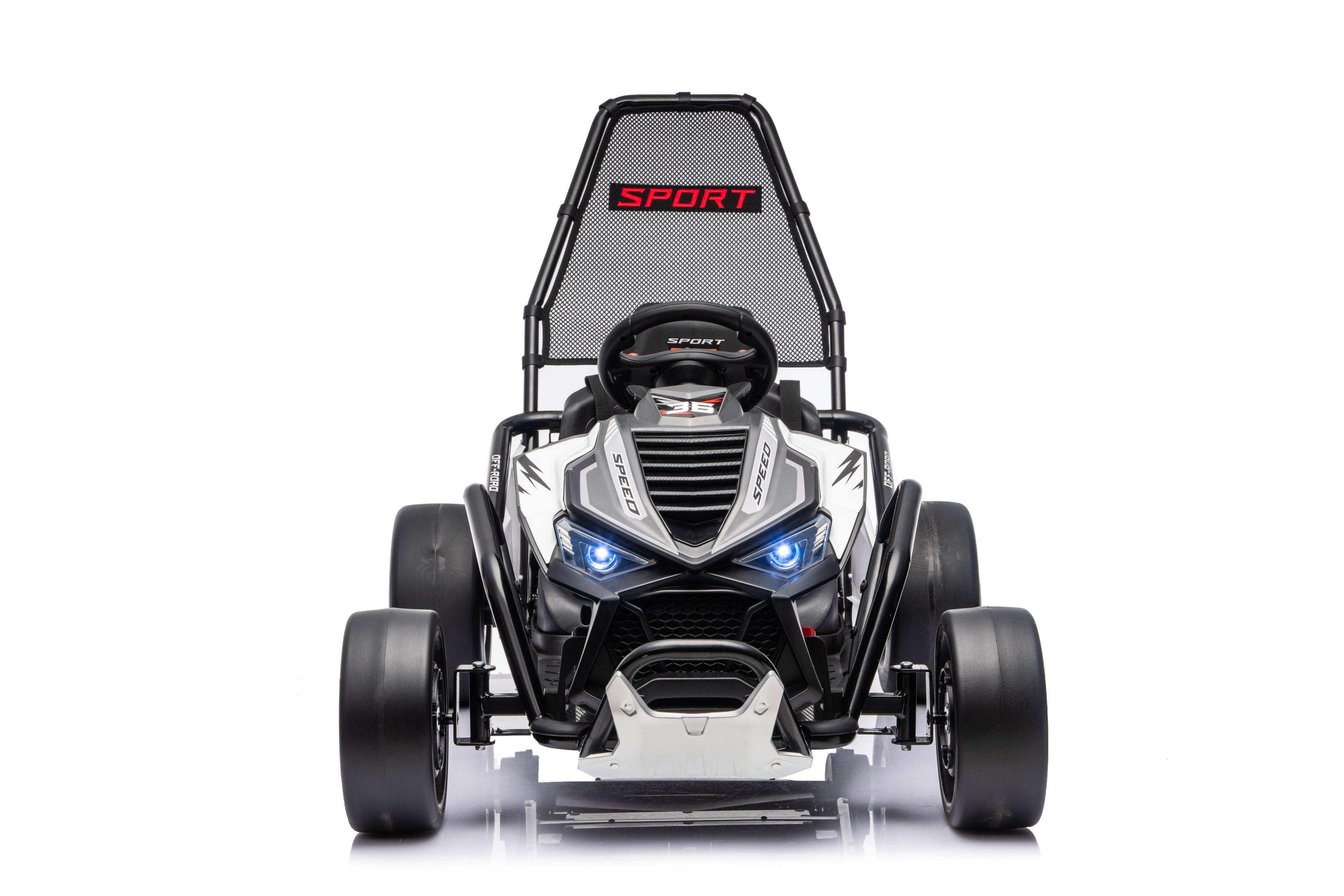 Outlaw Edition 24V kids electric go-kart front view with sporty racing design