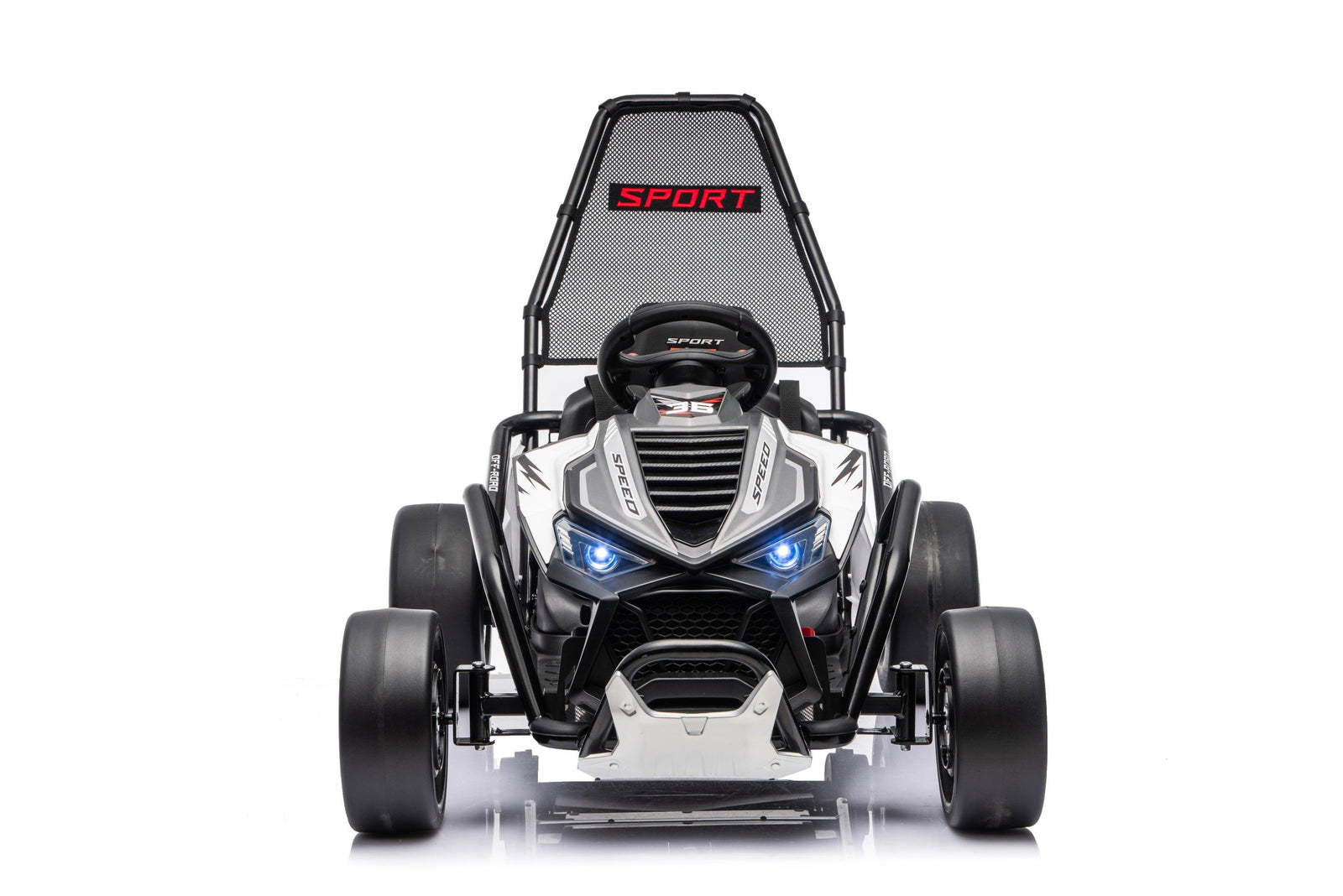 Outlaw Edition 24V kids electric go-kart front view with sporty racing design