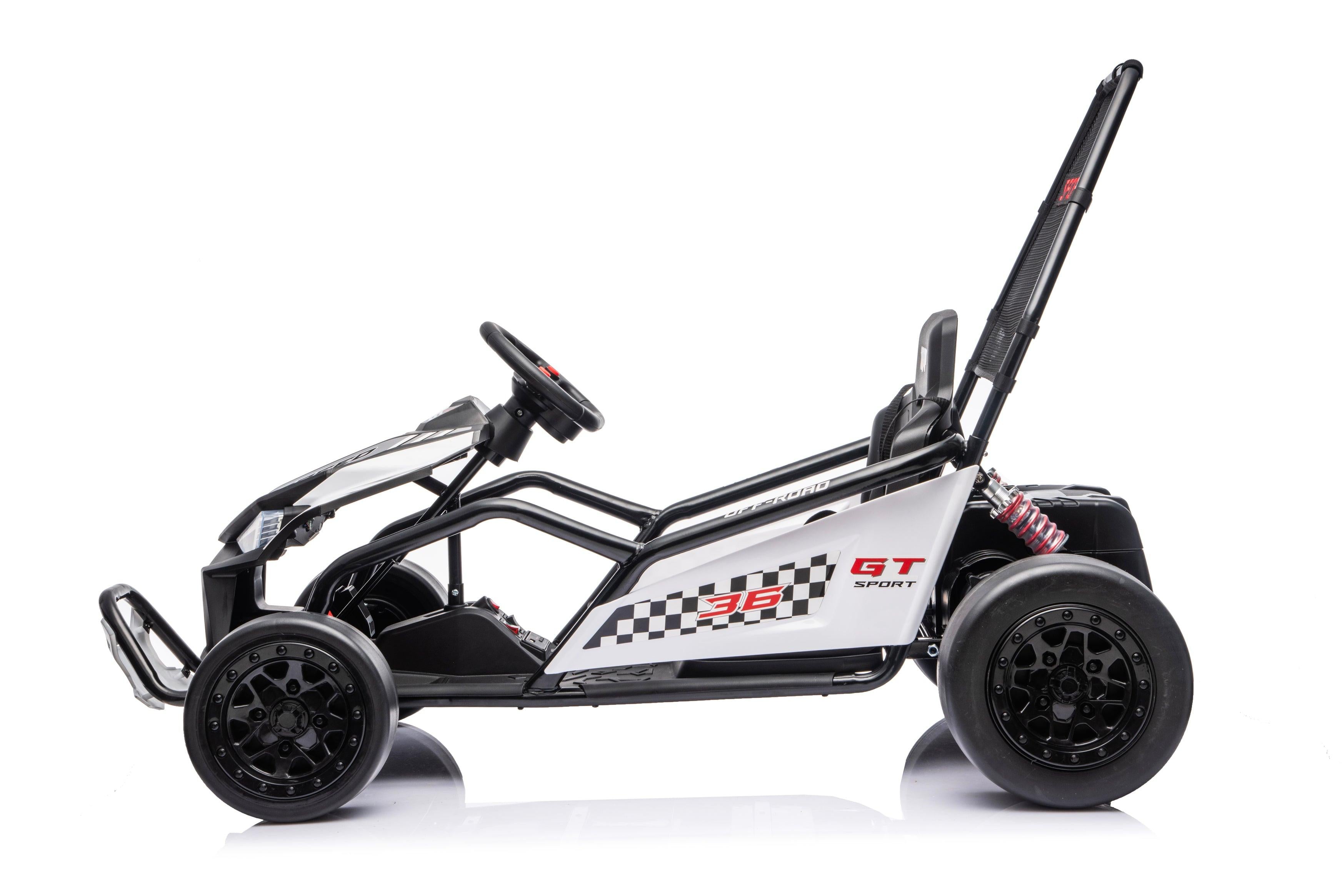 Black Outlaw Edition 24V kids go-kart side view with low-profile racing frame