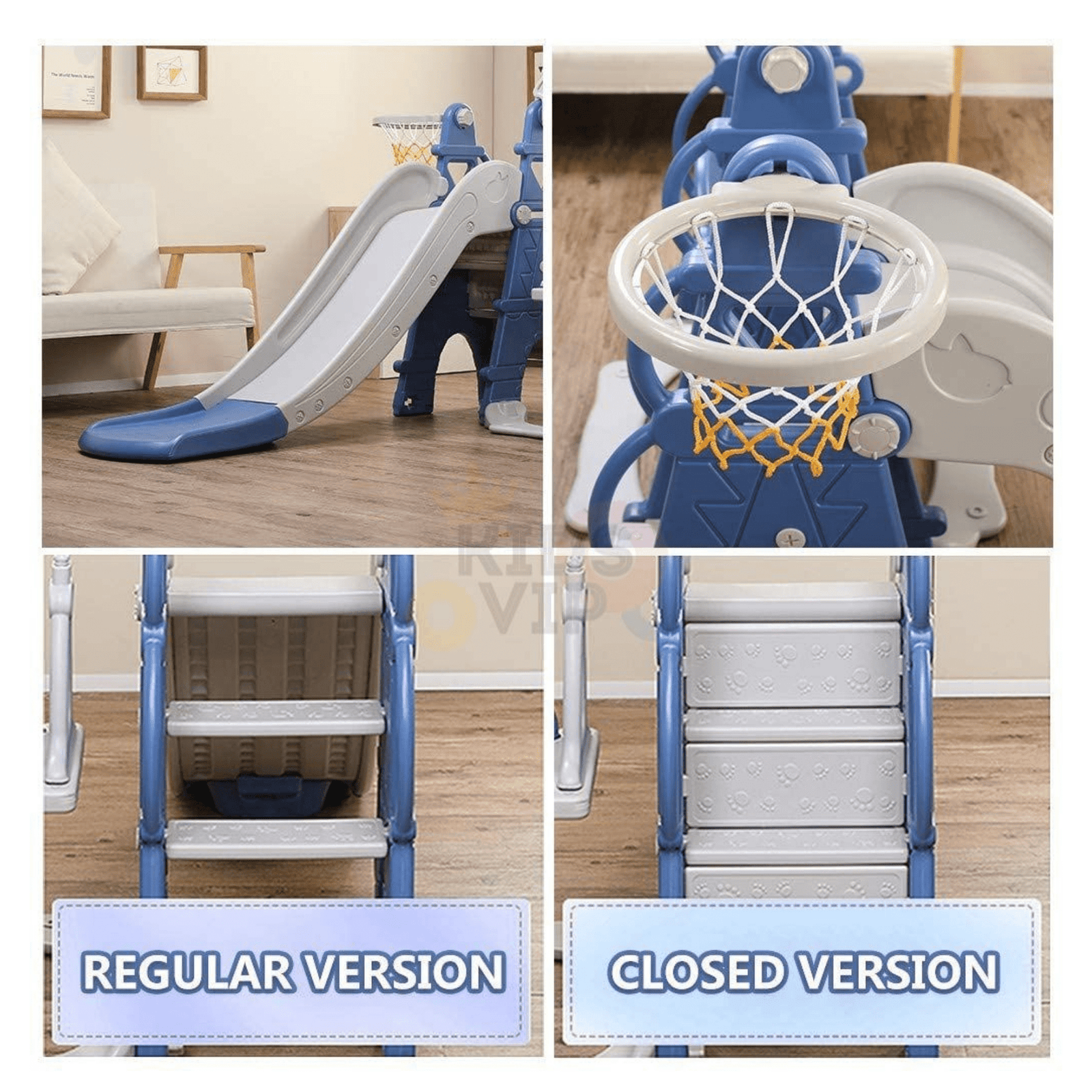 Blue Luxury 5-in-1 Castle Edition Playset for Kids W/ Slide, Closed Steps, Swing & Basketball Hoop.