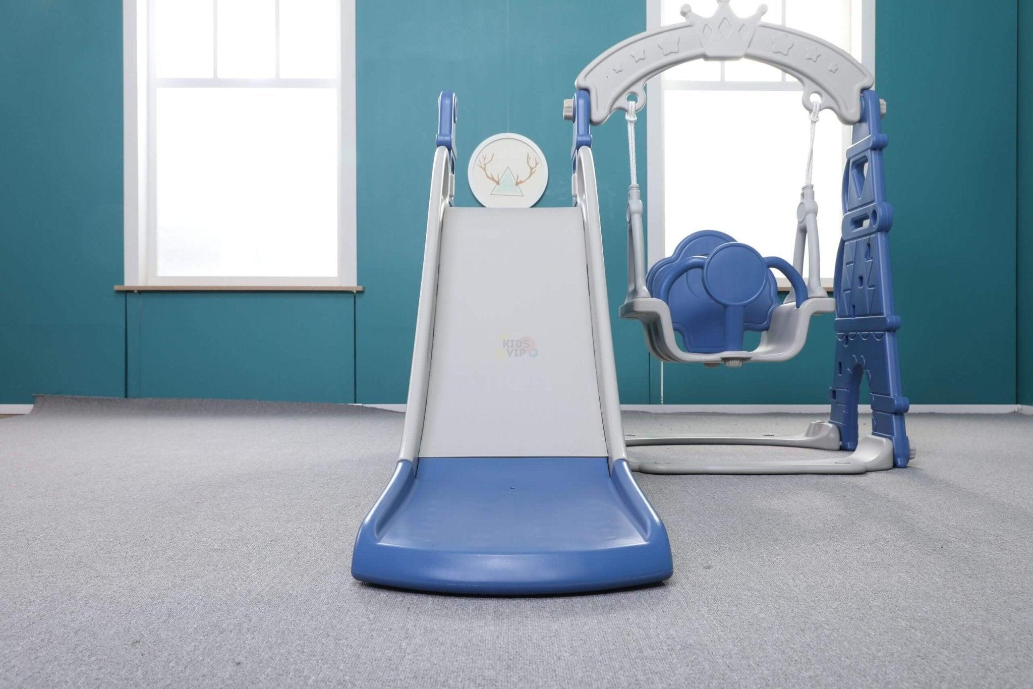 Blue Luxury 5-in-1 Castle Edition Playset for Kids W/ Slide, Closed Steps, Swing & Basketball Hoop.