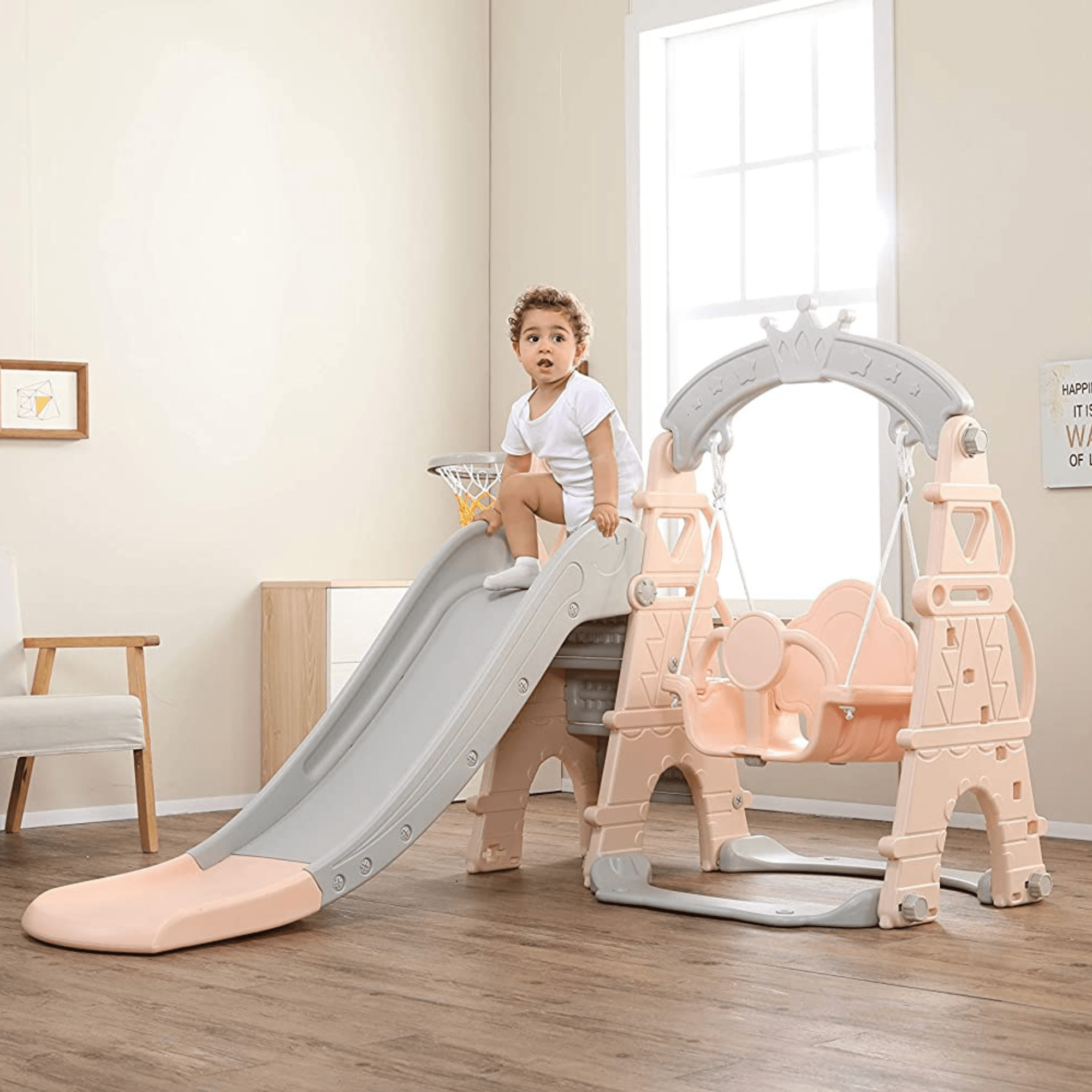 Pink Luxury 5-in-1 Castle Edition Playset for Kids W/ Slide, Closed Steps, Swing & Basketball Hoop.