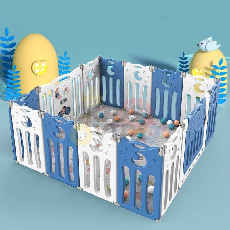 Blue 16 Panels Indoor/Outdoor Foldable Playpen, Fence, Interactive Safety Play Yard for Toddlers and Infants.