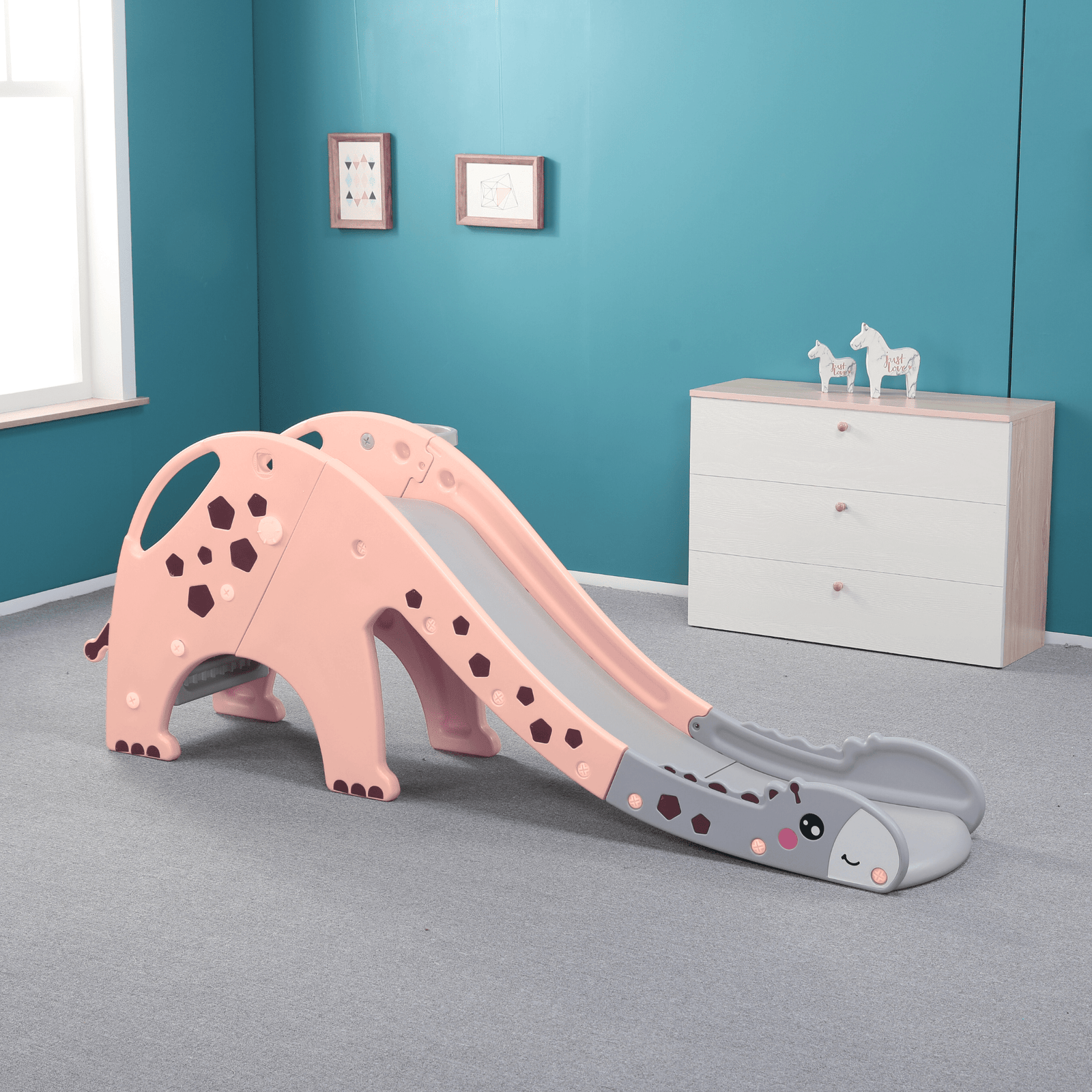 Kids' and Toddlers' Giraffe Edition Interactive Indoor / Outdoor Playset W/ Slide, Closed Steps & Basketball Hoop.