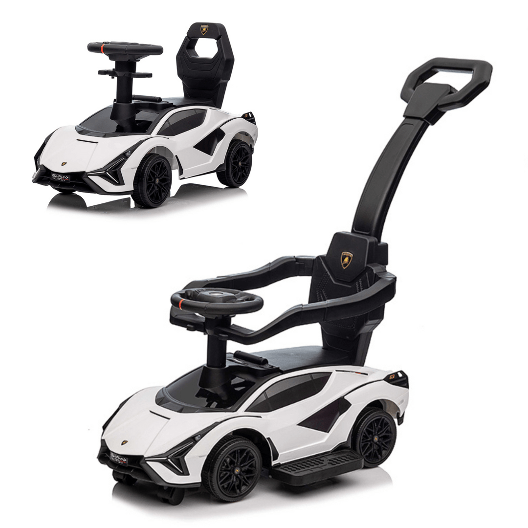 White Complete Edition Lamborghini Sian 3-in-1 Push Car / Stroller W/ Detachable Handle, Safety Guards, Lights & Music.