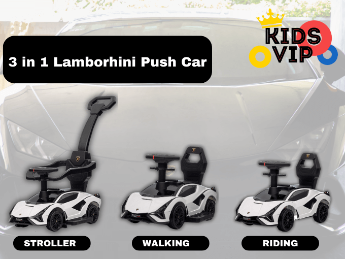 White Complete Edition Lamborghini Sian 3-in-1 Push Car / Stroller W/ Detachable Handle, Safety Guards, Lights & Music.