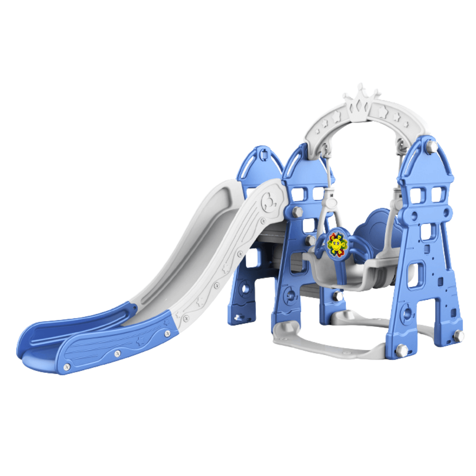 Blue Luxury 5-in-1 Castle Edition Playset for Kids W/ Slide, Closed Steps, Swing & Basketball Hoop.