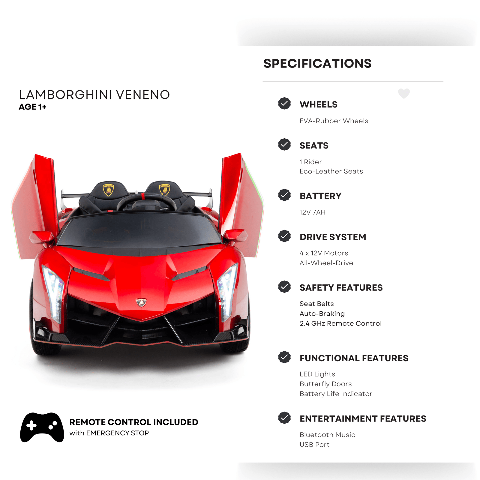 12V Red Lamborghini Veneno 4X4 Limited Edition Ride-on Car W/ EVA Rubber Wheels, Bluetooth & RC.