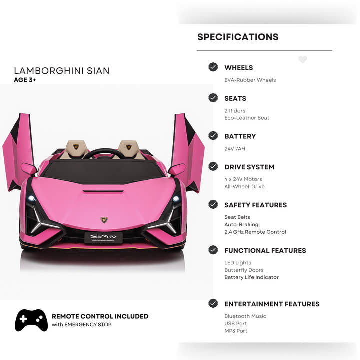 24V Luxurious Pink Lamborghini Sian 2-Seater 4x4 Ride-On Car W/ EVA Rubber Wheels, BT & RC.