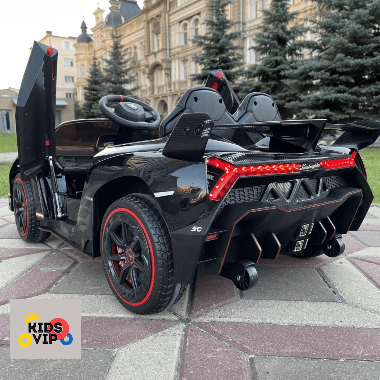 12V Black Lamborghini Veneno 4X4 Limited Edition Ride-on Car W/ EVA Rubber Wheels, Bluetooth & RC.