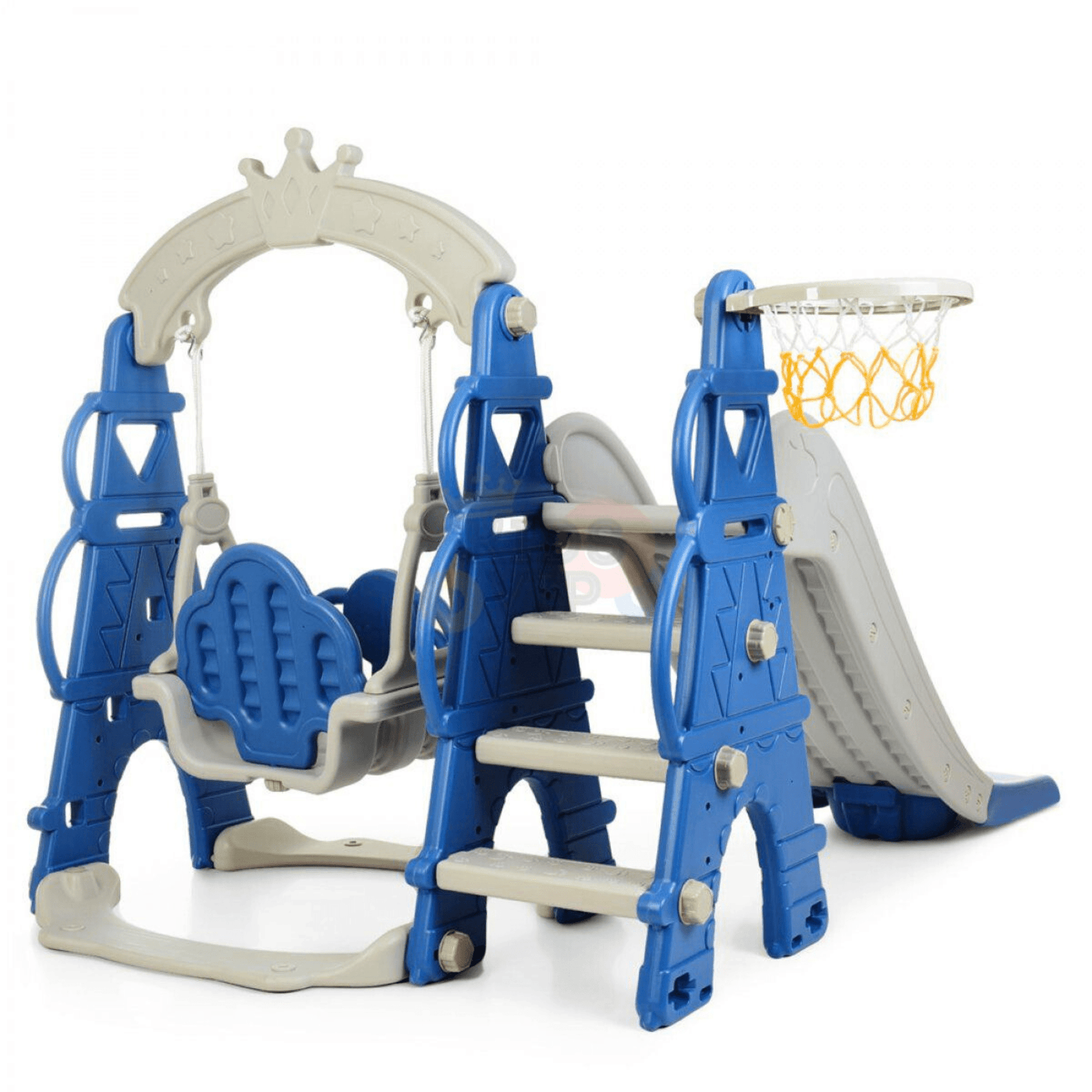 Blue Luxury 5-in-1 Castle Edition Playset for Kids W/ Slide, Closed Steps, Swing & Basketball Hoop.