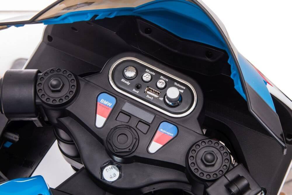 12V Blue BMW HP4 Kids' Super Motorcycle W/ EVA Rubber Wheels, Music & Lights.
