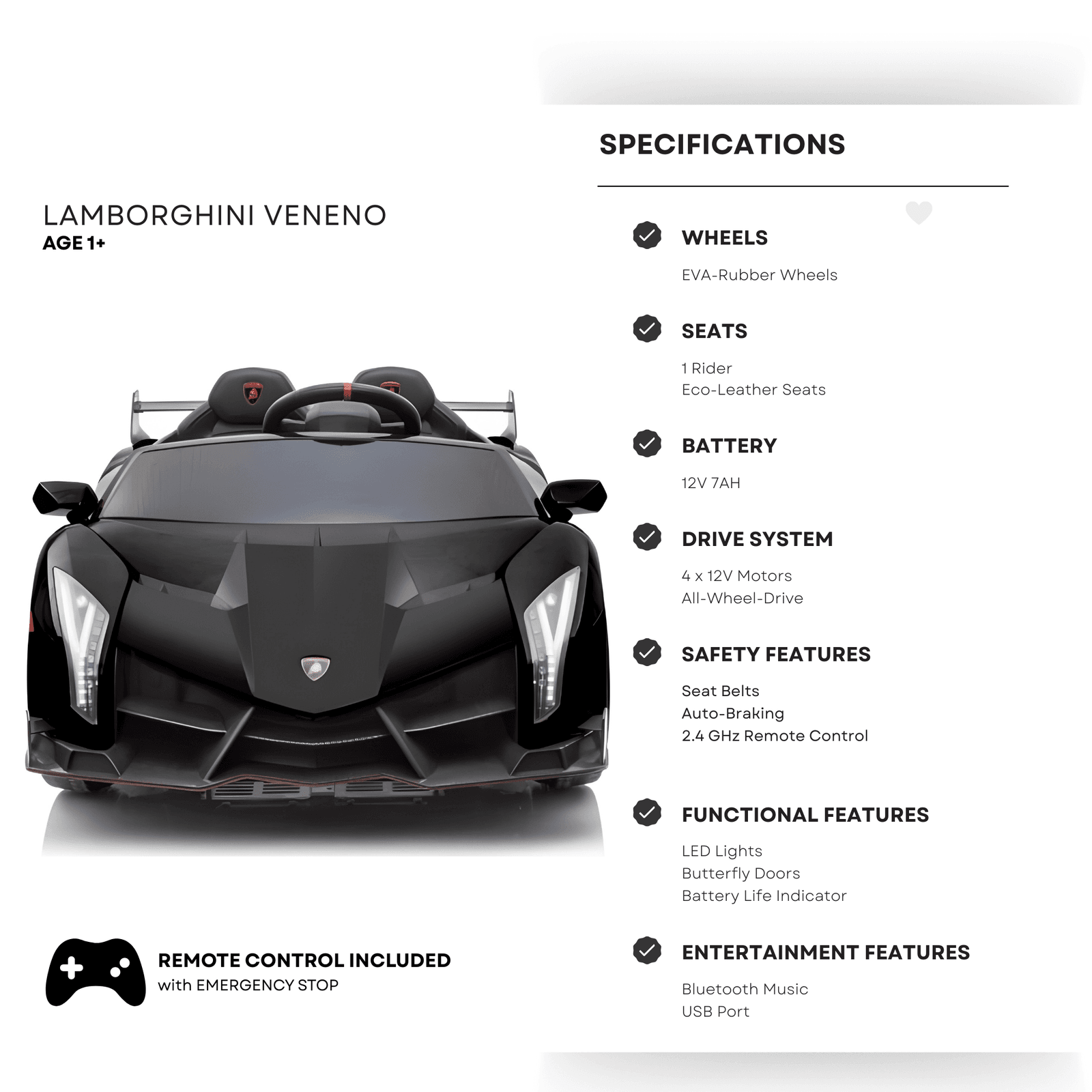 12V Black Lamborghini Veneno 4X4 Limited Edition Ride-on Car W/ EVA Rubber Wheels, Bluetooth & RC.