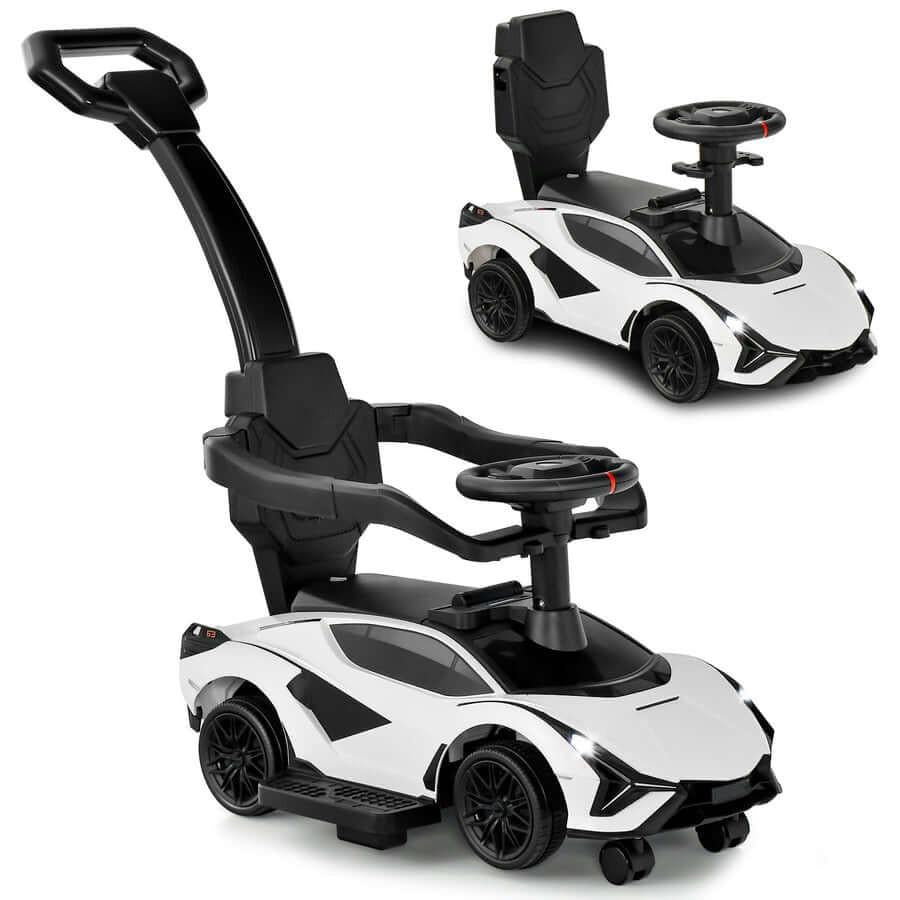 White Complete Edition Lamborghini Sian 3-in-1 Push Car / Stroller W/ Detachable Handle, Safety Guards, Lights & Music.