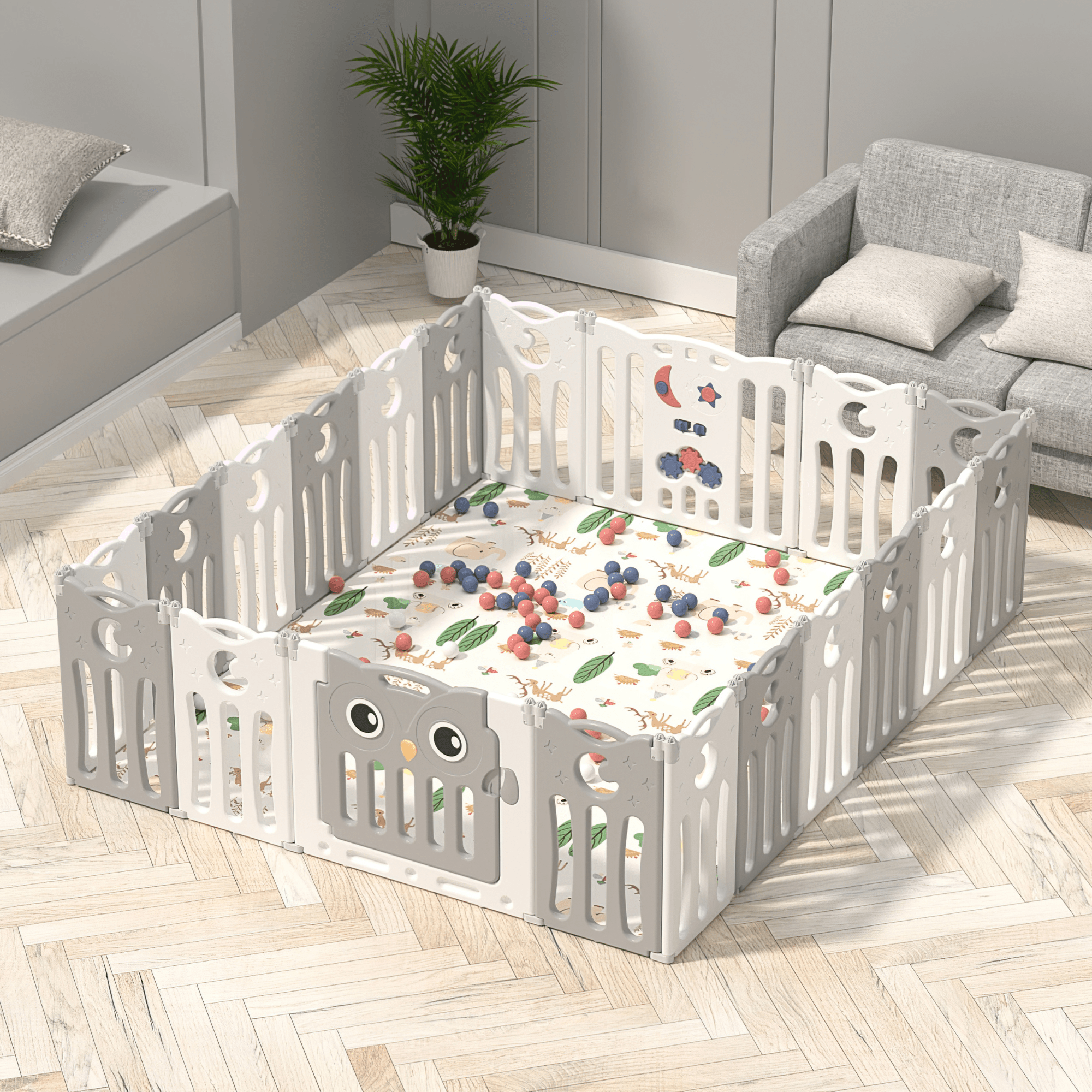 Grey 16 Panels Indoor/Outdoor Foldable Playpen, Fence, Interactive Safety Play Yard for Toddlers and Infants.