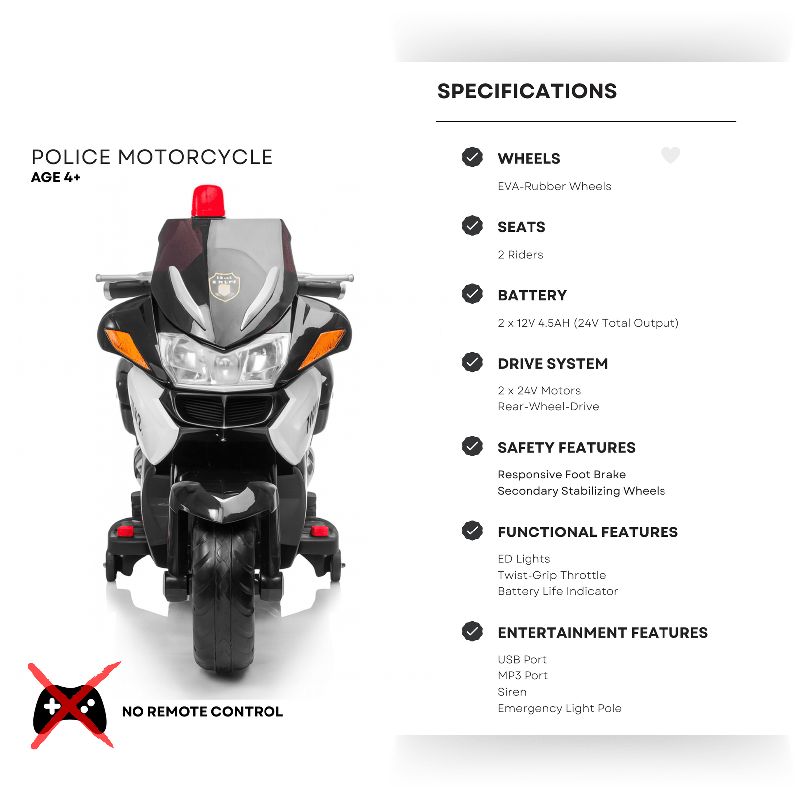 24V Police Officer Edition Kids' Motorcycle W/ Rubber Wheels, Emergency Siren, Lights & Music.