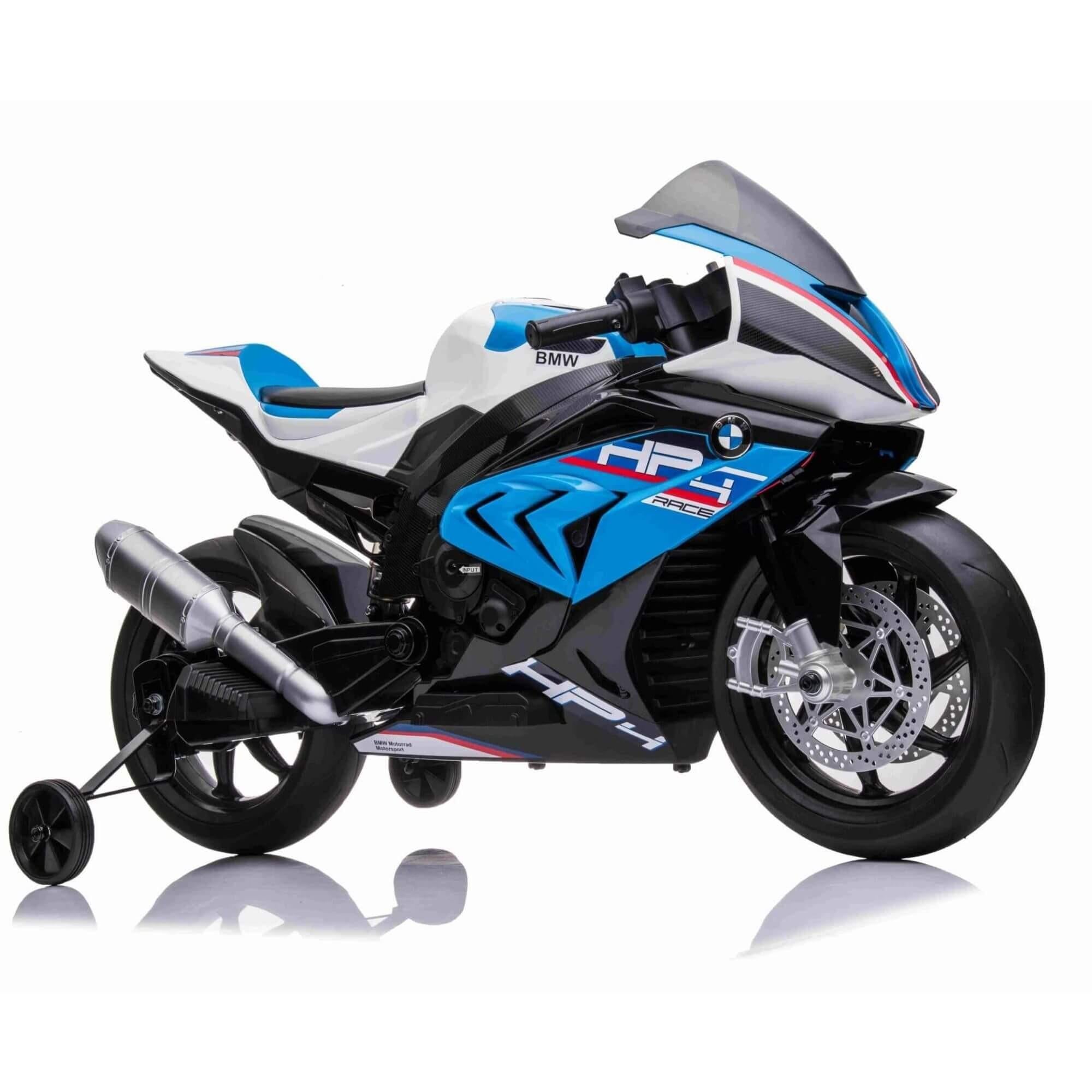 12V Blue BMW HP4 Kids' Super Motorcycle W/ EVA Rubber Wheels, Music & Lights.