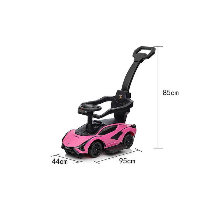 Pink Complete Edition Lamborghini Sian 3-in-1 Push Car / Stroller W/ Detachable Handle, Safety Guards, Lights & Music.