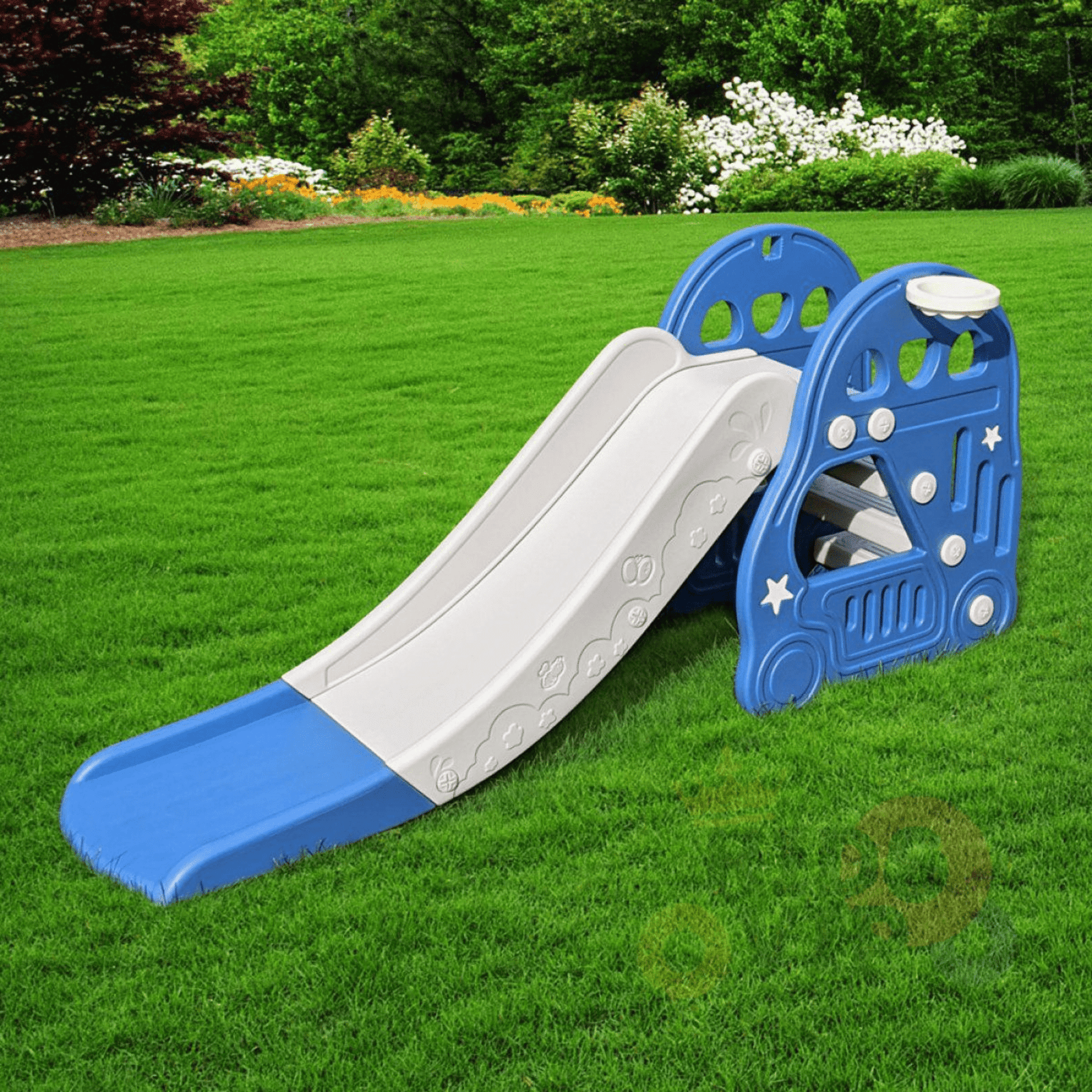 Kids' and Toddlers' Car Edition Interactive Indoor / Outdoor Playset W/ Slide, Closed Steps & Basketball Hoop.