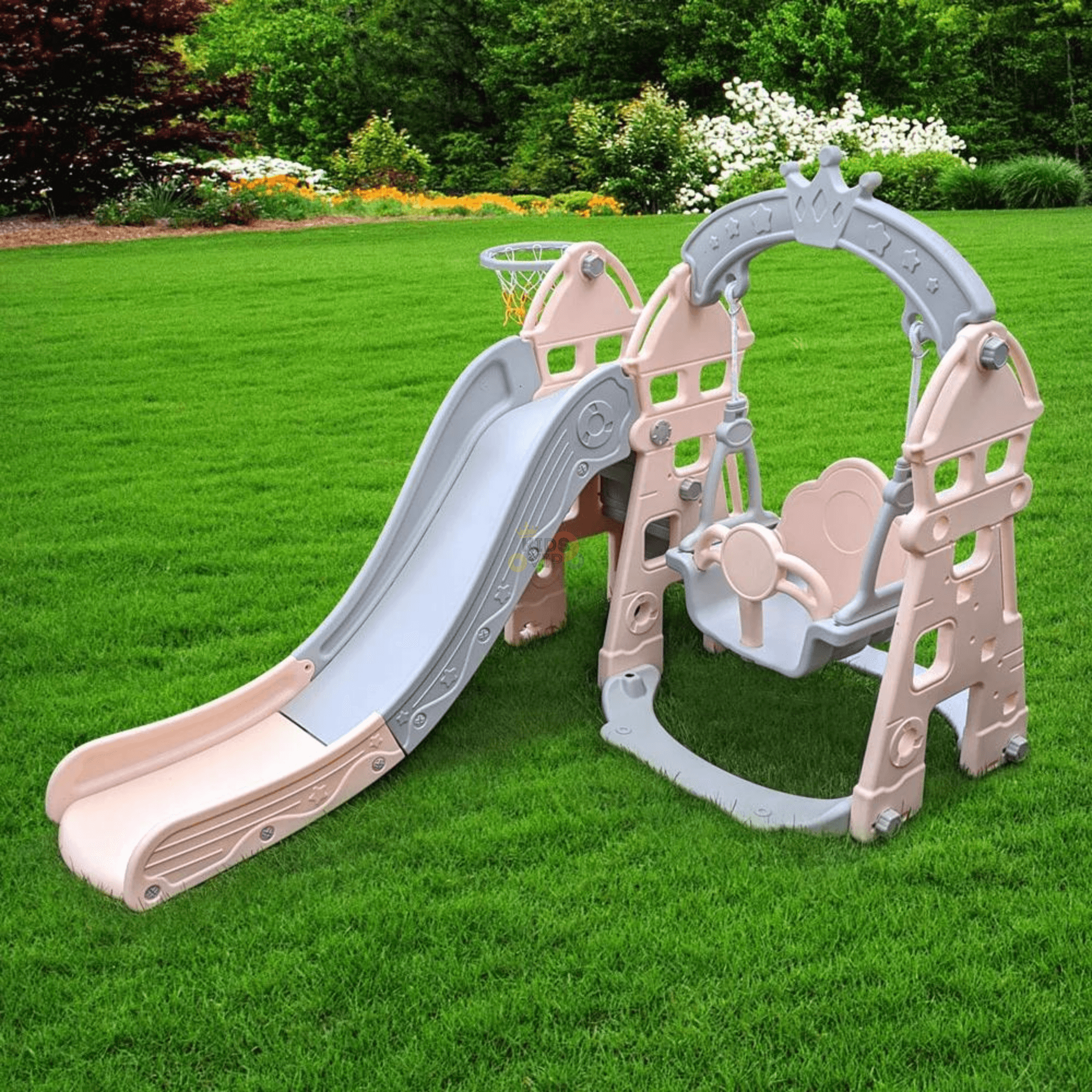 Pink Luxury 5-in-1 Castle Edition Playset for Kids W/ Slide, Closed Steps, Swing & Basketball Hoop.