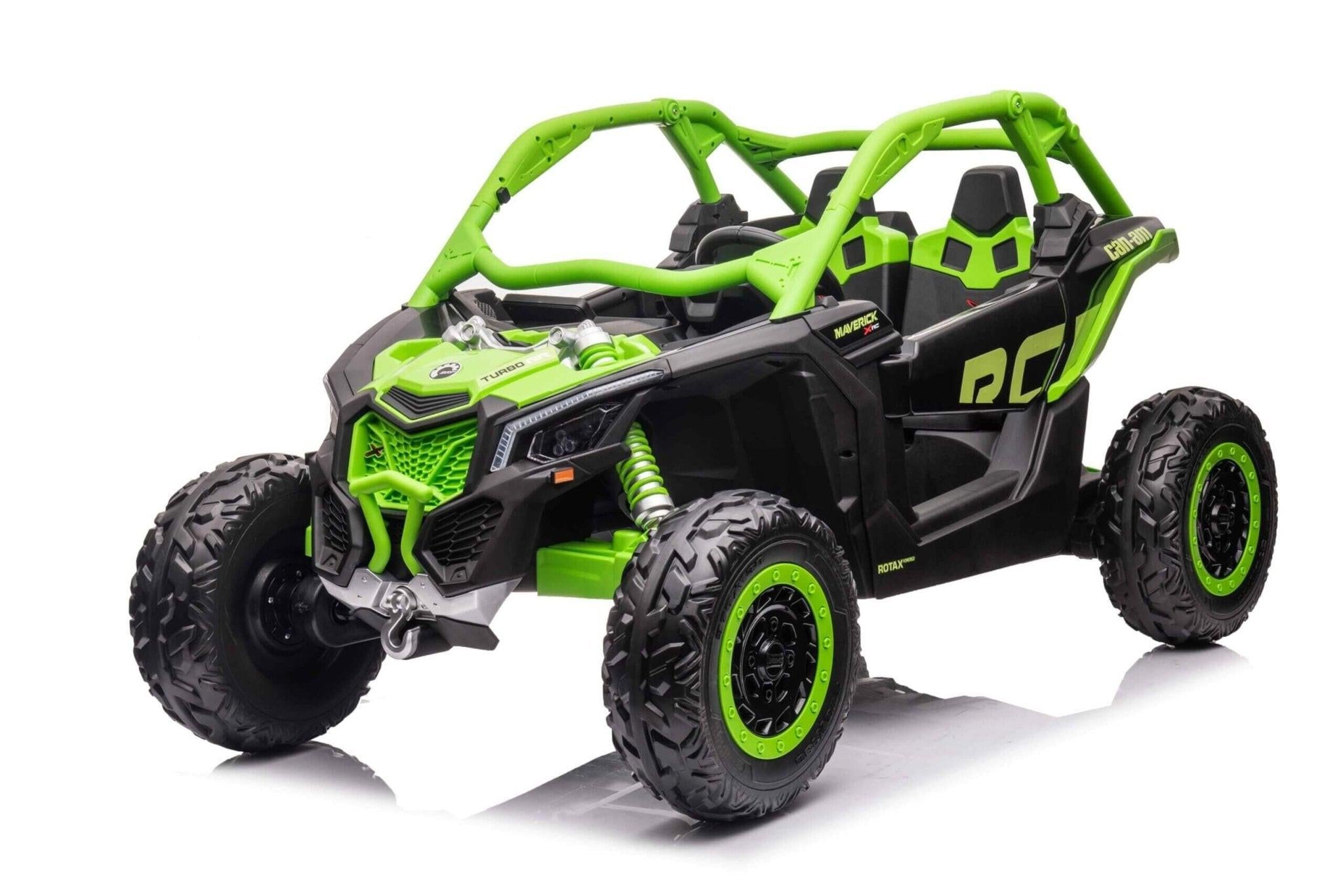 Green Licensed LX Performance Edition 2x24V Can-Am Maverick 4WD Double 24V Battery Pack, 2-Seater Kids' Buggy W/ Music, EVA Rubber Wheels, Leather Seats & RC.